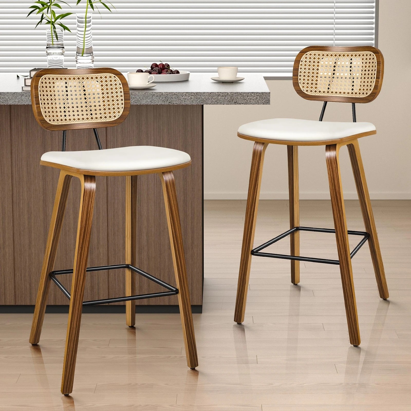 3 Alfordson 4x Bar Stools Kitchen Vintage Leather Seat Rattan Chair Wooden - White, 3 of 9