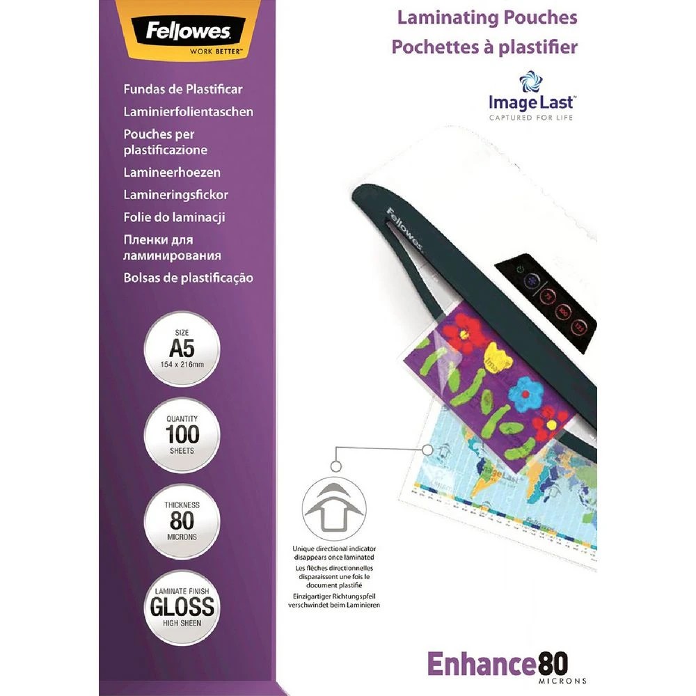 1 Fellowes A5 80 Micron Laminating Pouches Gloss 100 Pack, 1 of 2