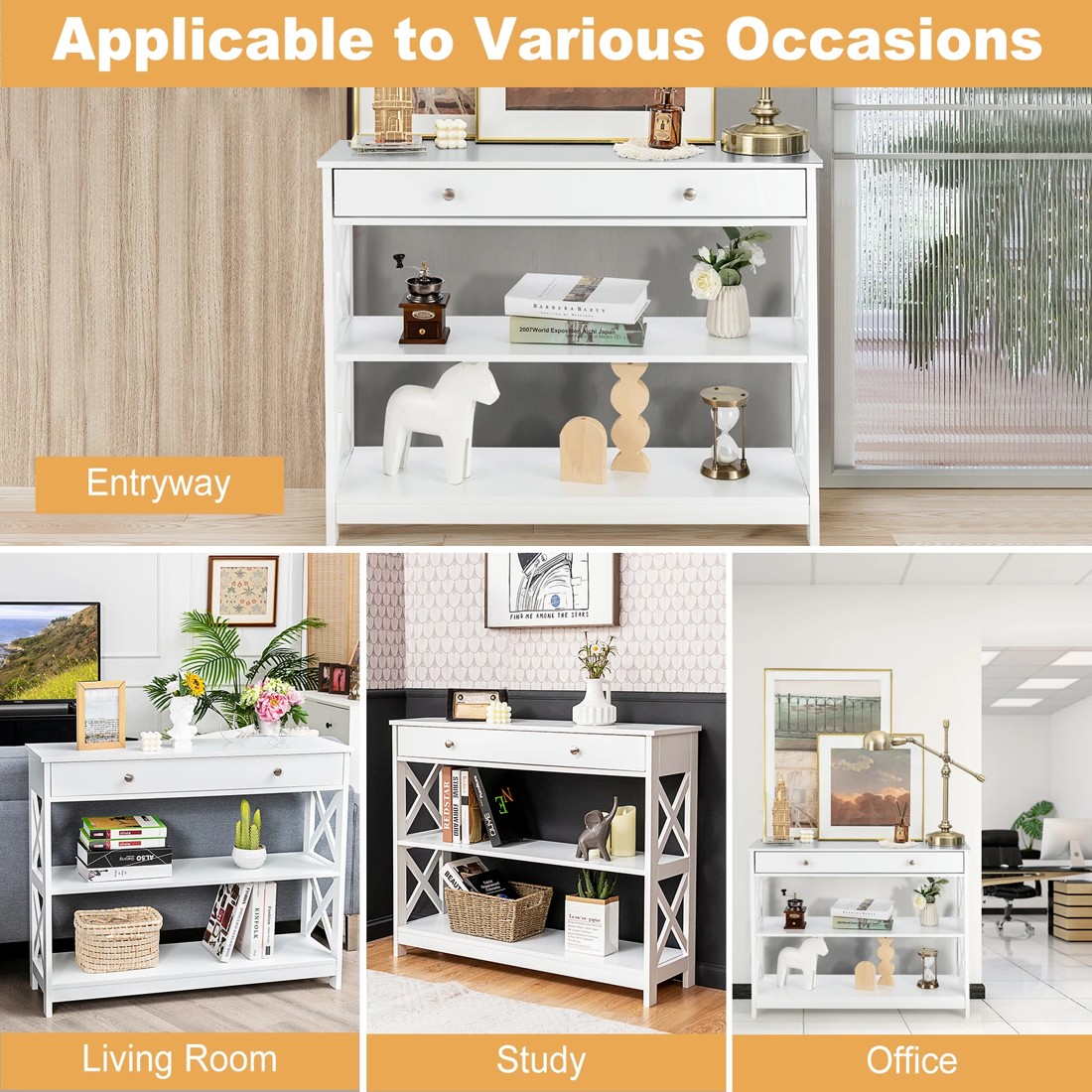 4 Costway 3-Tier Console Table w/Drawer Display Table - White, 4 of 10