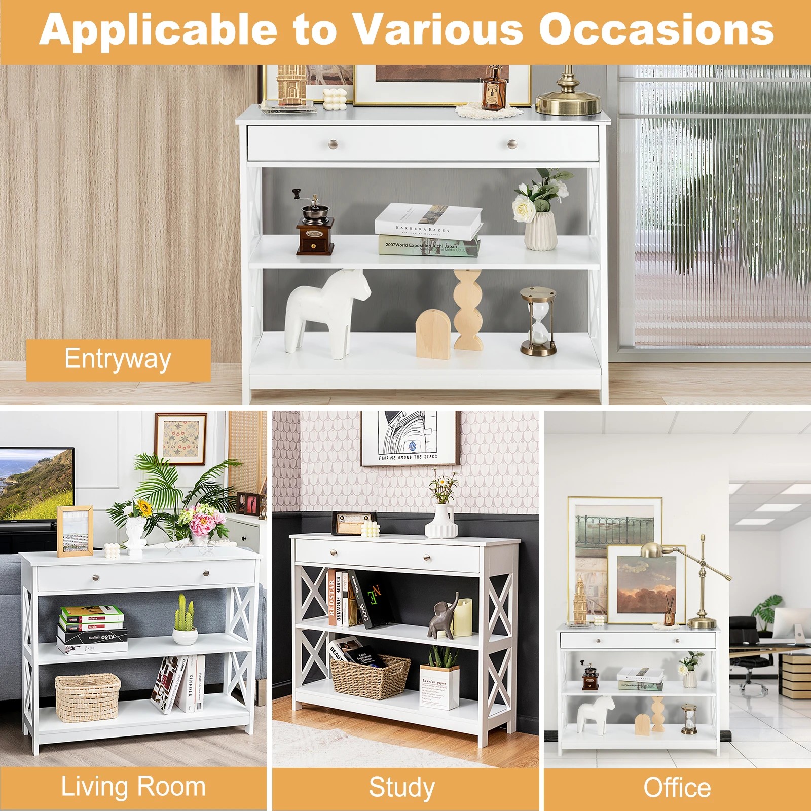 4 Costway 3-Tier Console Table w/Drawer Display Table - White, 4 of 10