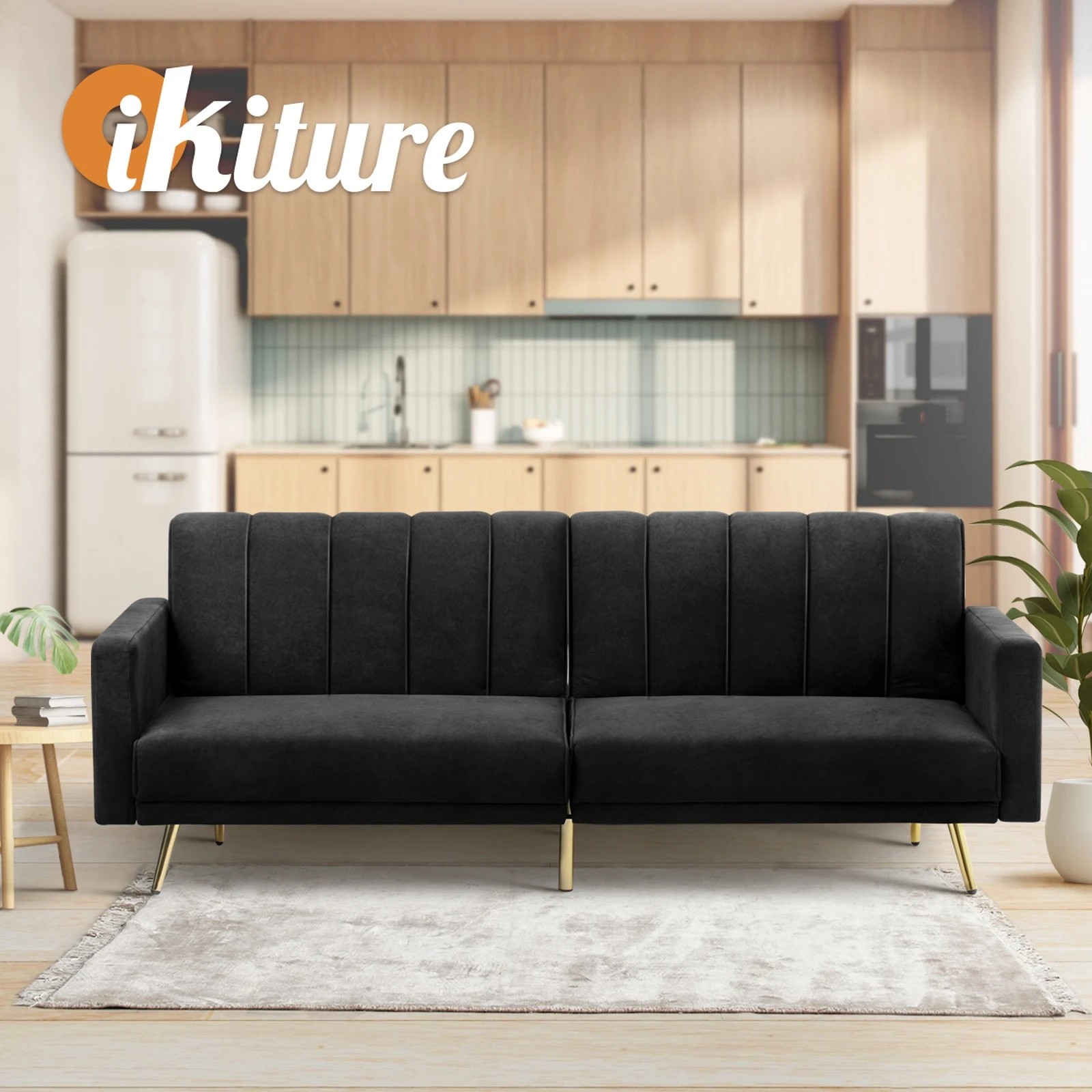 6 Oikiture 3-seater Sofa Bed Couch  Convertible Lounge Recliner Sofabeds Velvet
 - Black, 6 of 10