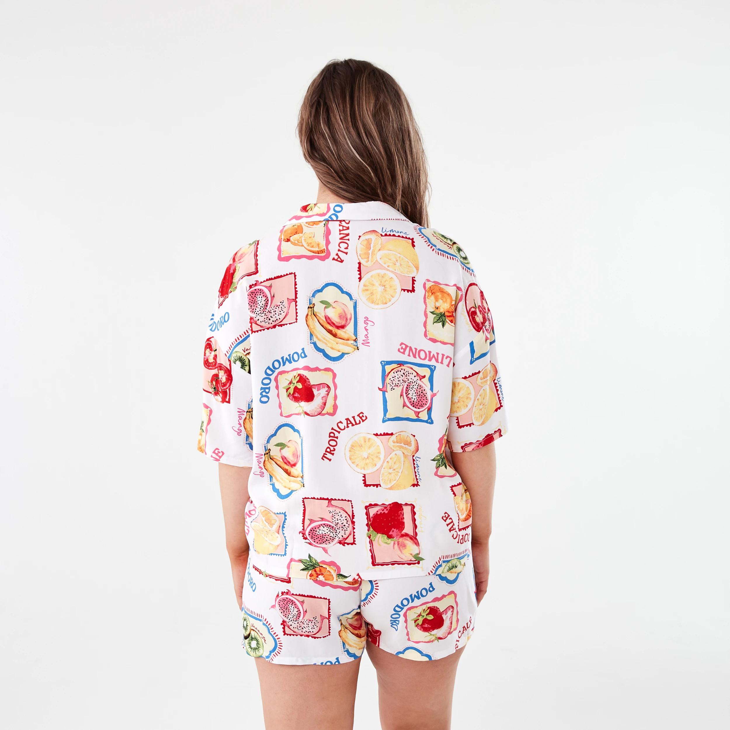 3 Short Sleeve Top and Shorts Woven Boxy Pyjama Set FRUIT FRAME WHITE, 3 of 7