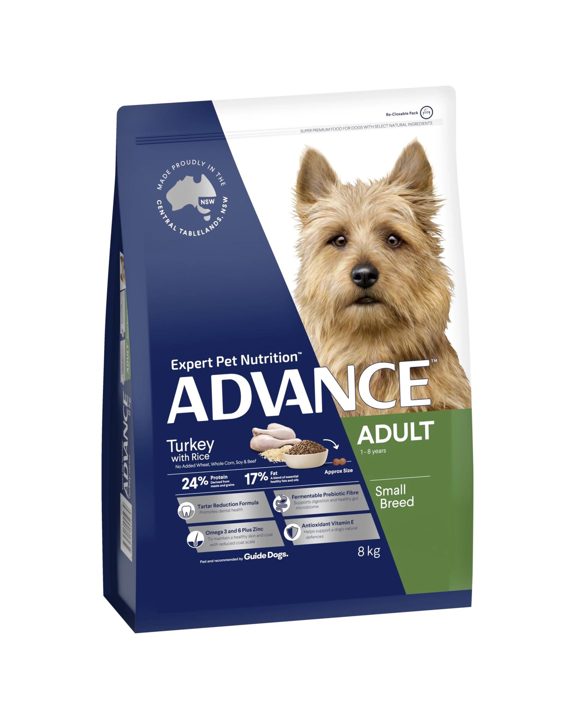 1 Advance Adult 1+ Small Breed Dry Dog Food Turkey w/ Rice 8kg, 1 of 3