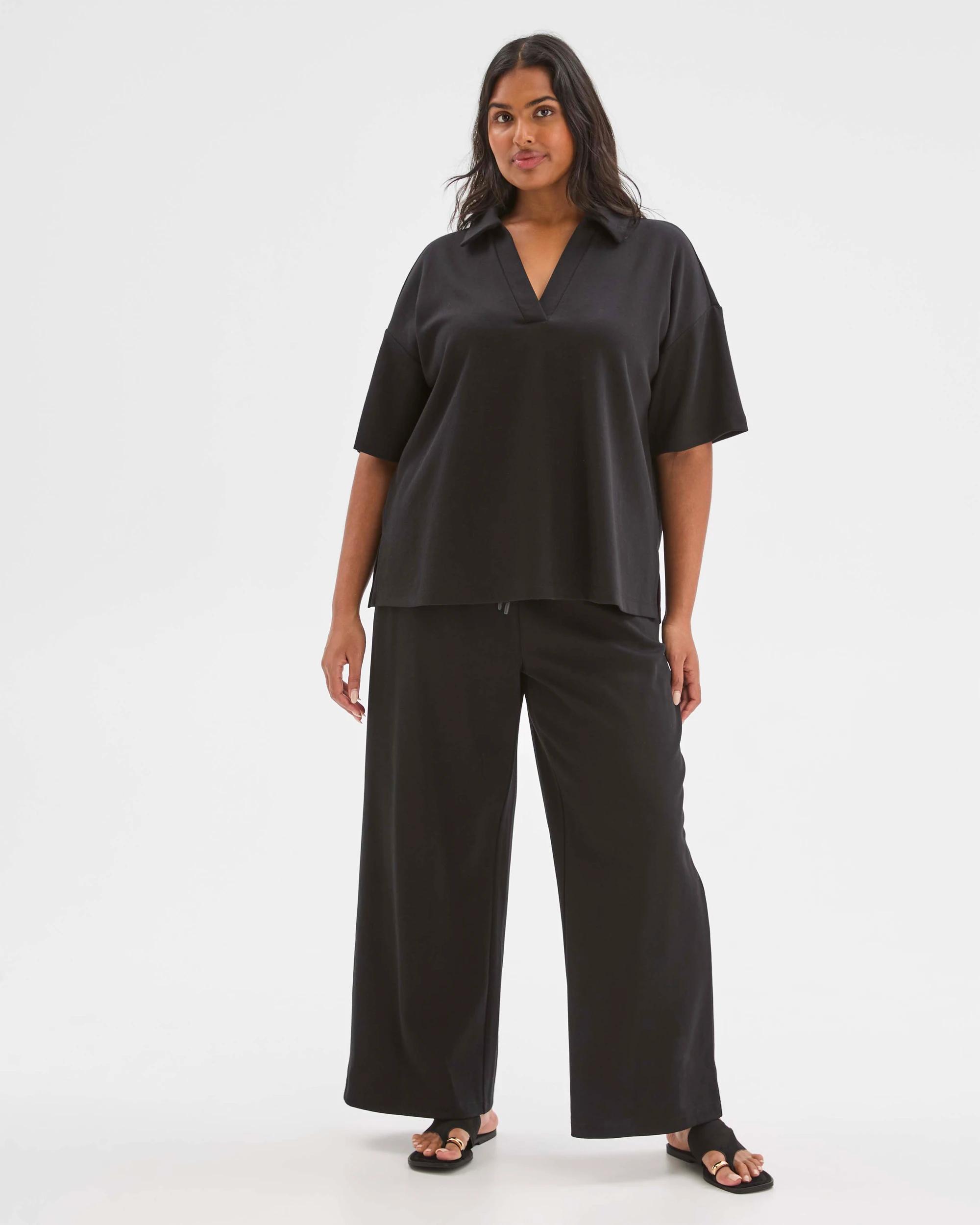 1 Target Curve Plus Size Australian Cotton Blend Polo Neck Interlock T-Shirt BLACK, 1 of 6