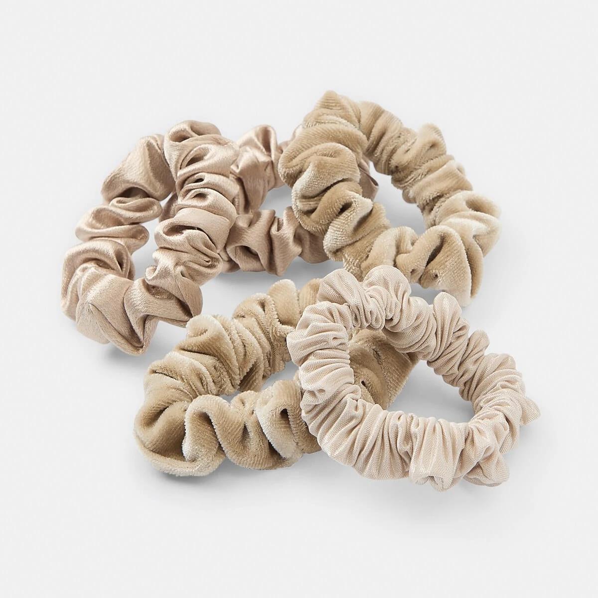 3 5 Pack Mini Textured Hair Scrunchies Beige, 3 of 5