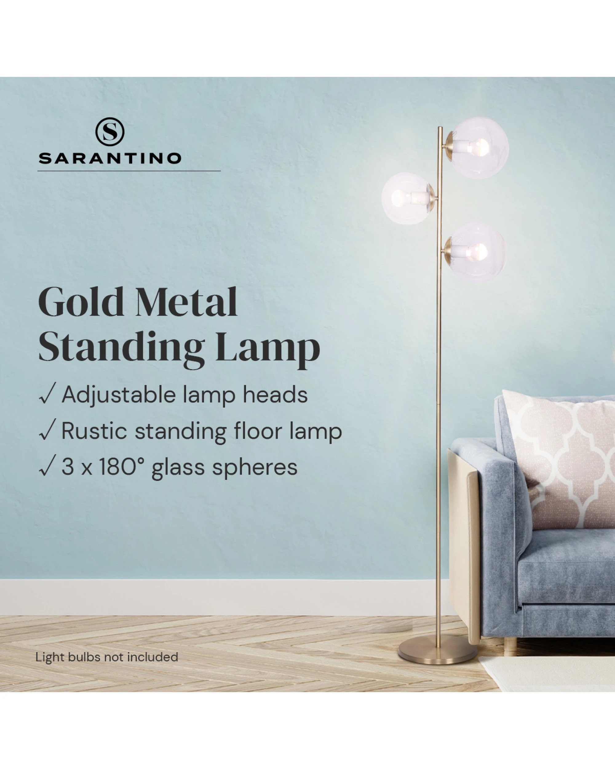 3 Sarantino 3-Light Gold Metal Floor Lamp with Glass Shades, 3 of 10