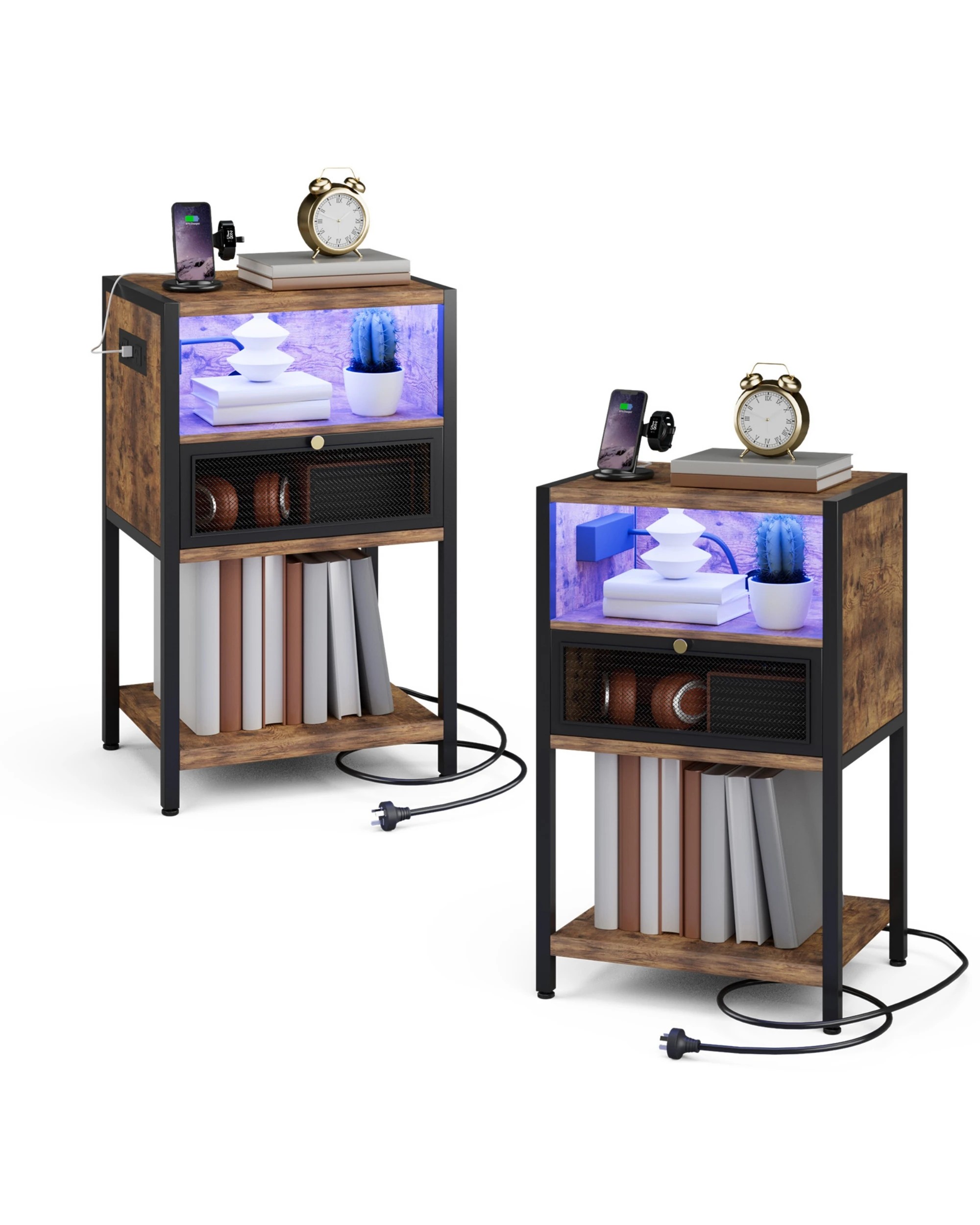 1 Advwin 2x LED Bedside Table with Charging Station Metal Mesh Drawer Nightstand Side Table - Brown, 1 of 9