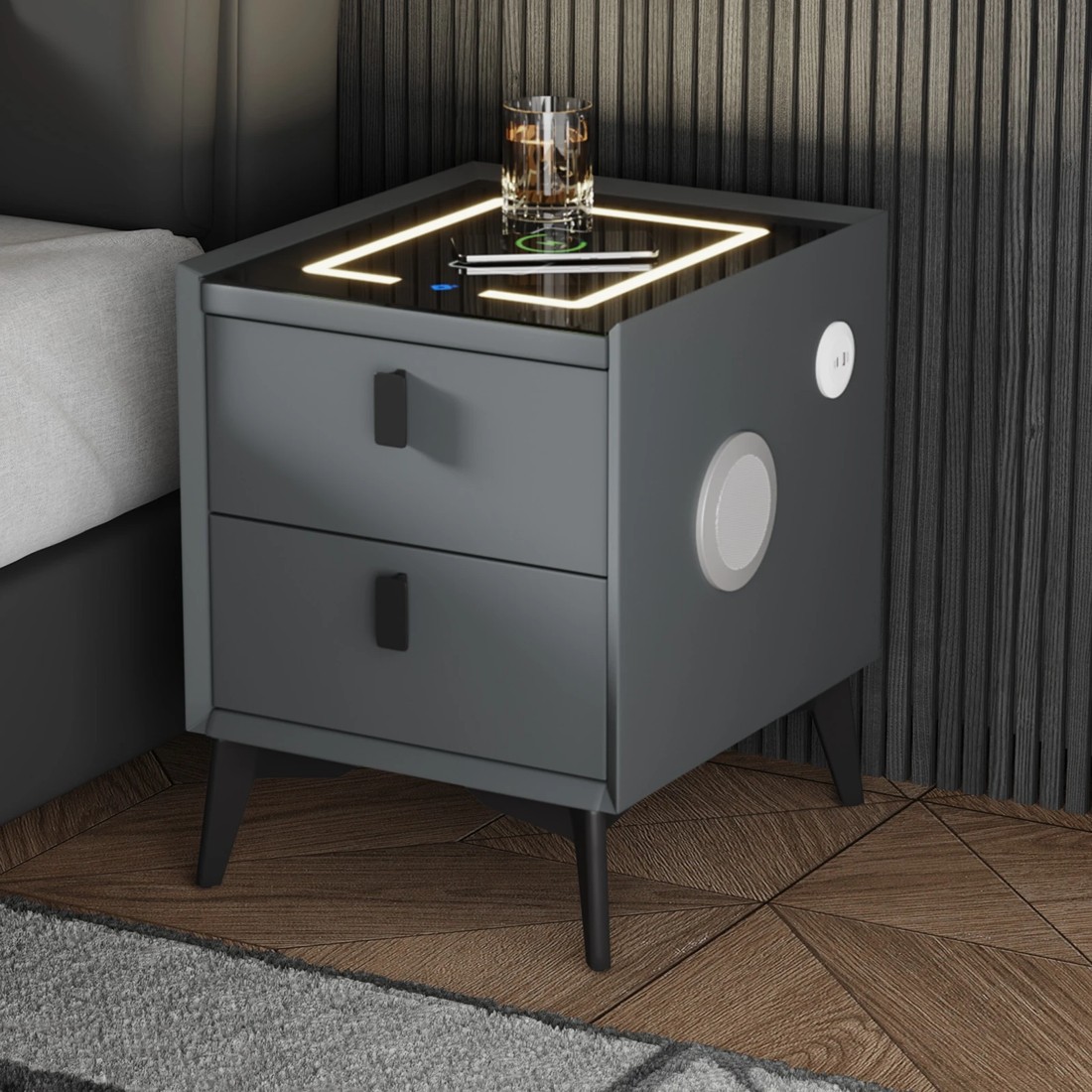 3 Oikiture Set of 2 Smart Bedside Tables Wireless Charging LED Nightstand Drawers - Grey, 3 of 7