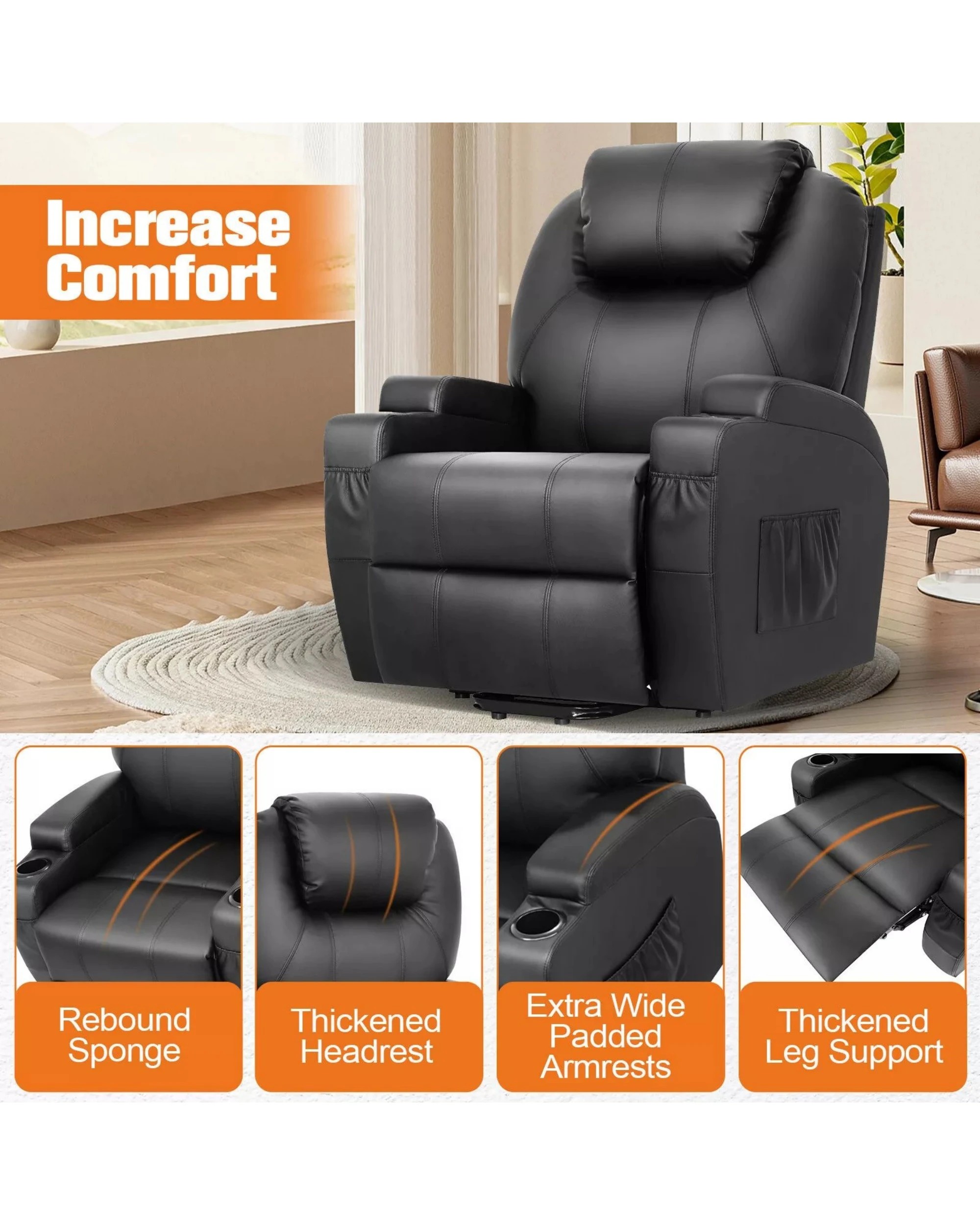 6 Advwin Electric Lift Recliner Chair Lounge Massage Heated Chair Leather Black, 6 of 8