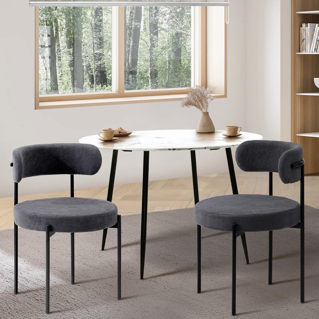 2 Oikiture 2x Dining Chair Round Boucle Kitchen Lounge Seats Backrest
 - Grey, 2 of 10