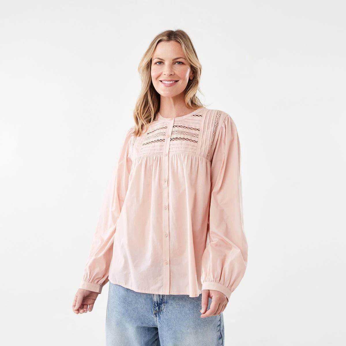 1 Long Sleeve Boho Lace Trim Blouse Rose Pink, 1 of 6