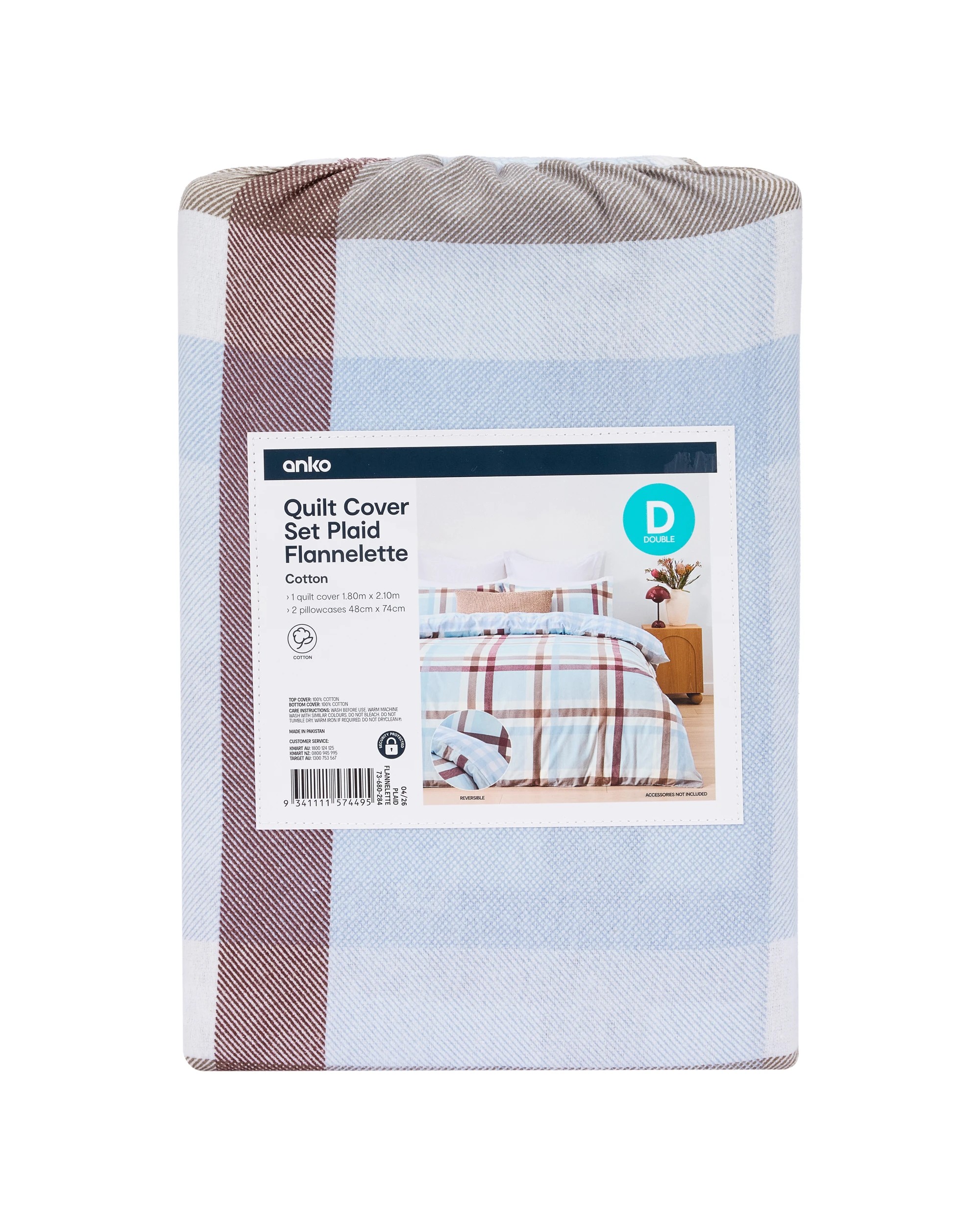 8 Plaid Flannelette Cotton Reversible Quilt Cover Set - Double Bed, 8 of 8