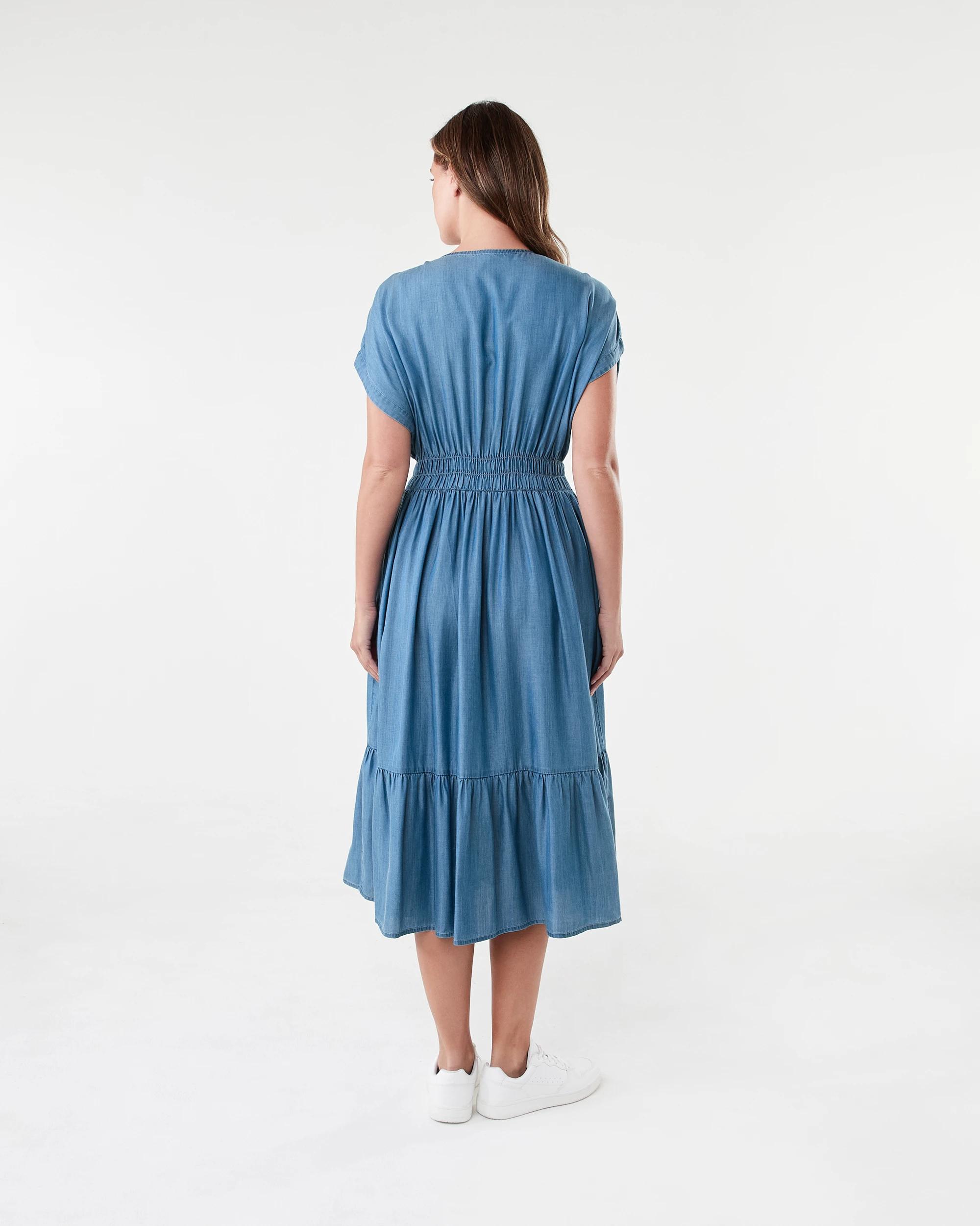 3 Short Sleeve Lyocell Tie Front Midi Dress Mid Wash, 3 of 8