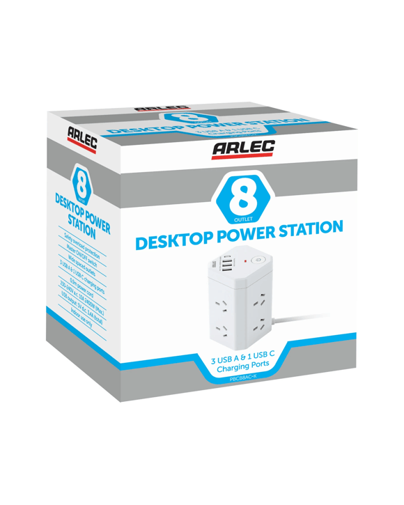 Arlec 8 Outlet Tower Powerboard with USB-A & USB-C (3.4A)