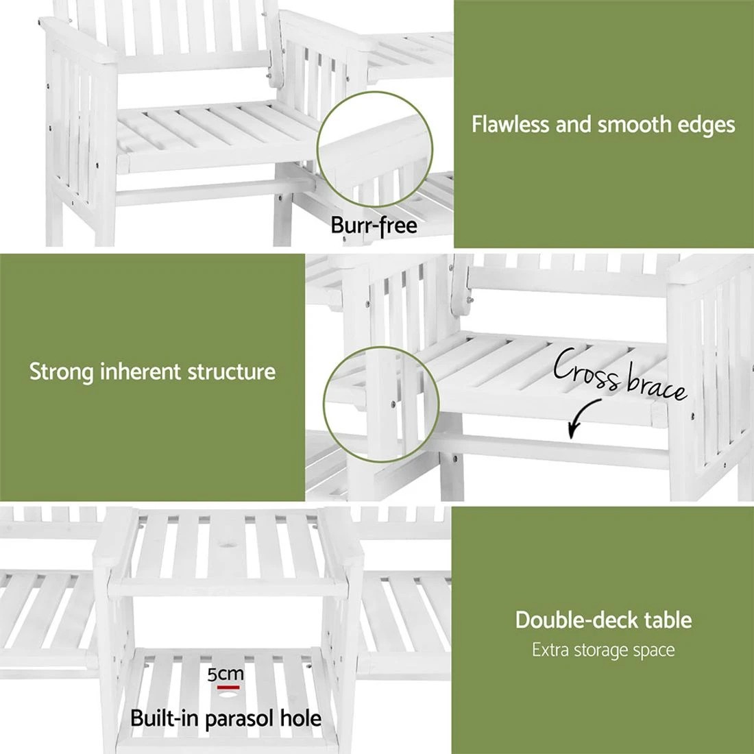 6 Gardeon Outdoor Garden Bench Loveseat Wooden Table Chairs Patio Furniture - White, 6 of 7