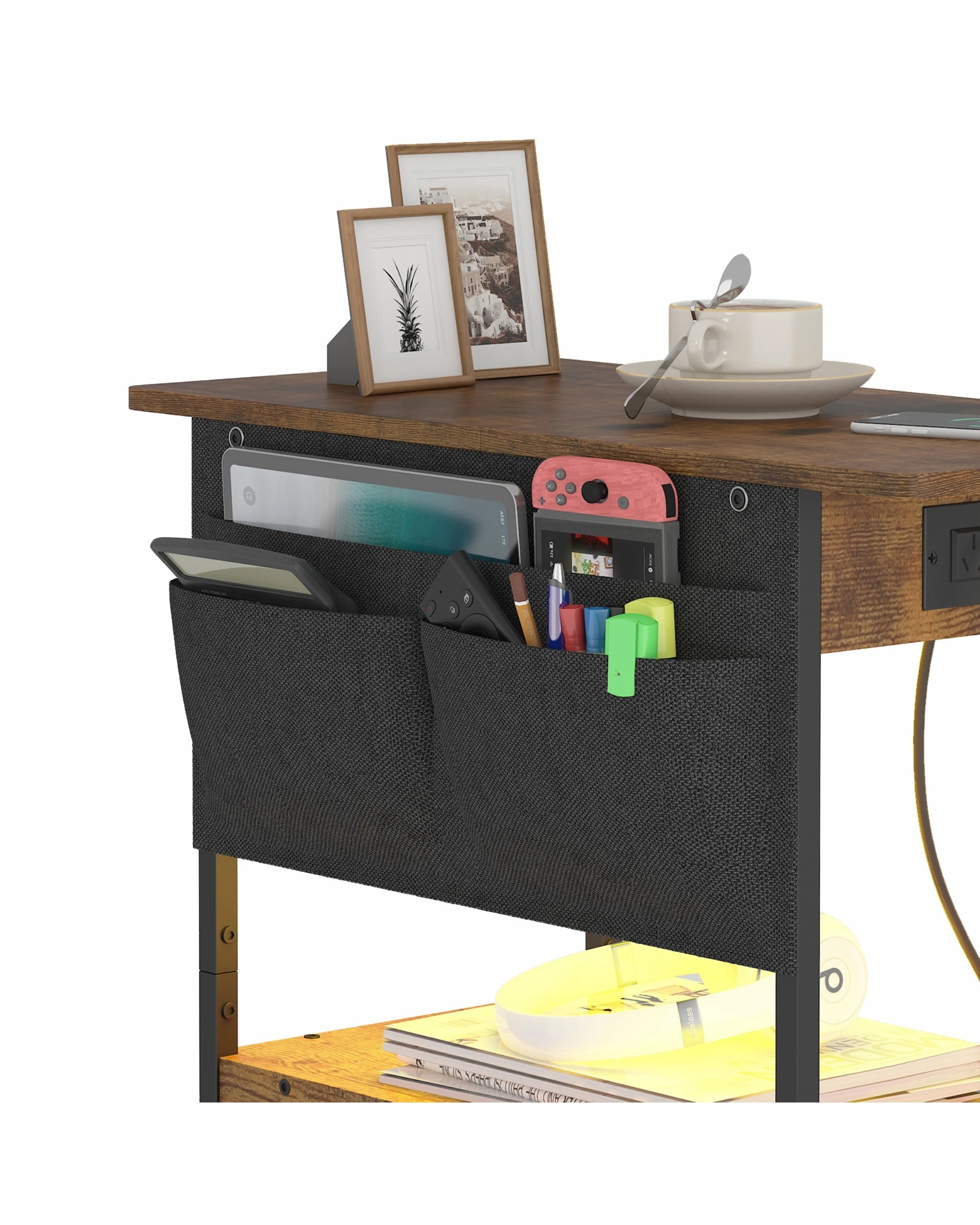 8 Advwin LED  Bedside Tables Set of 2 with Storage Pocket - Brown, 8 of 10