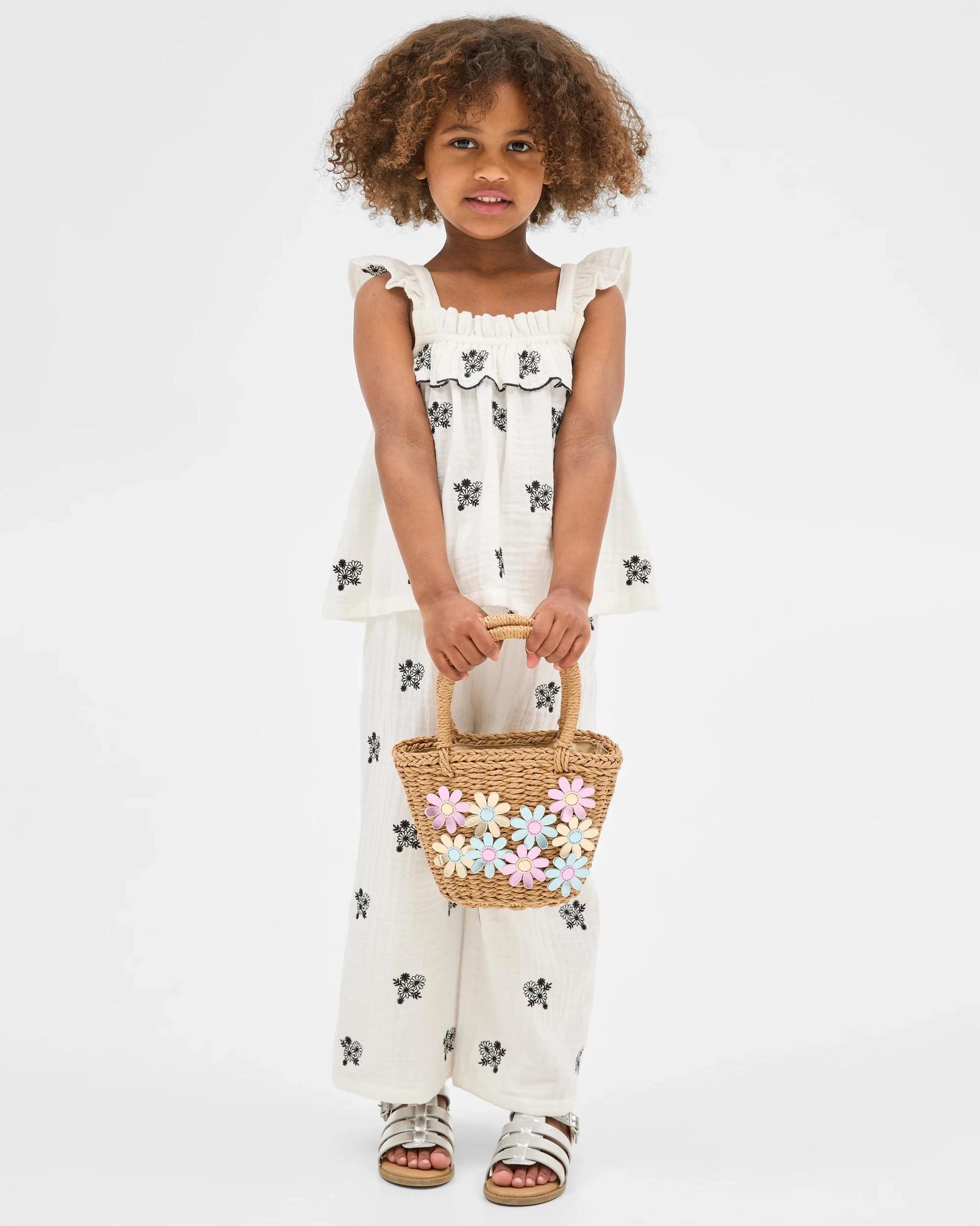 1 Target Kids Woven Ruffle Embroidered Top & Pants Coord Set CREAM, 1 of 6