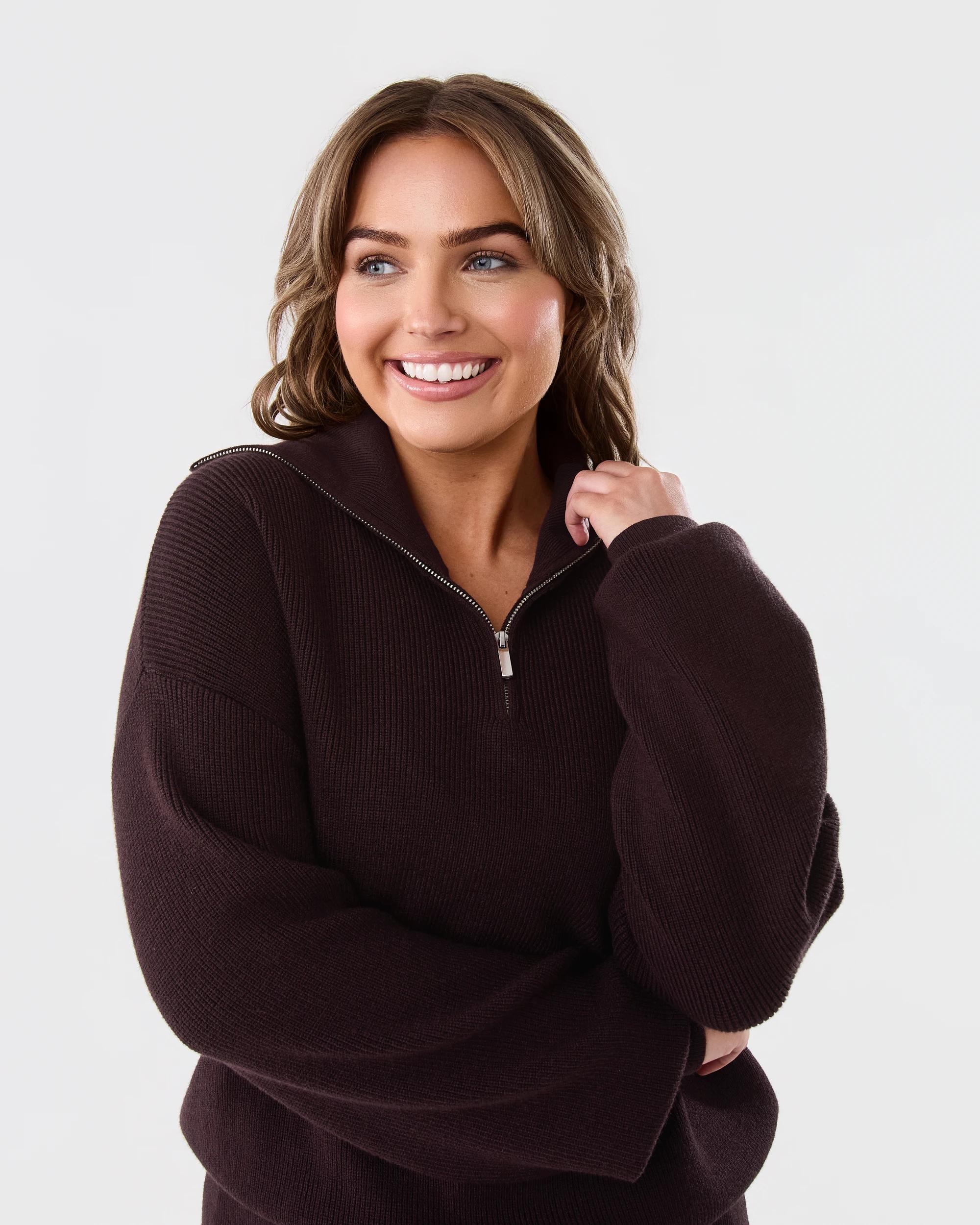 4 Ribbed Zip Through Jumper Choc Plum, 4 of 5