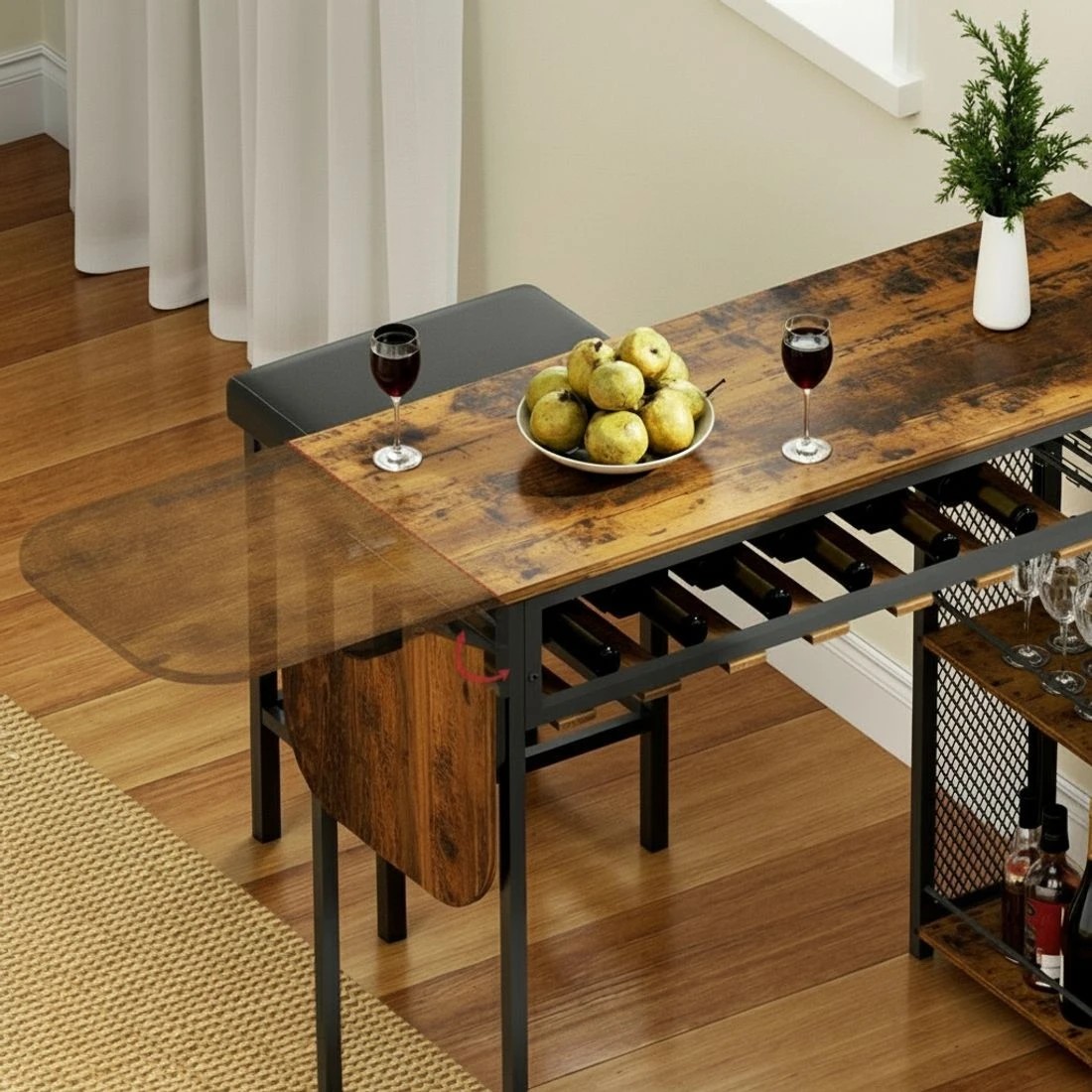 7 Artiss Industrial Bar Table with Wine Rack Built-in Cup Holder Extendable 140cm - Brown, 7 of 8