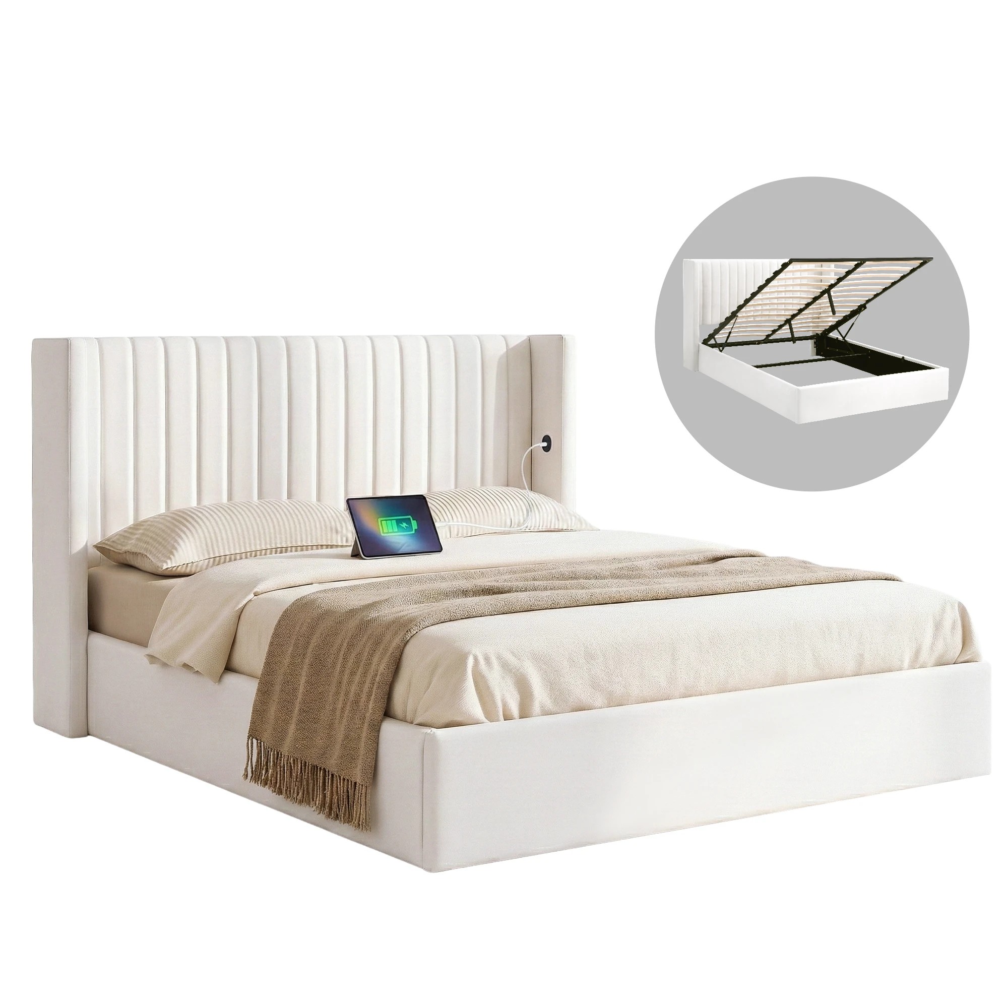 1 Artiss Queen Bed Frame with Gaslift Storage USB Type-C Charging Ports Velvet - White, 1 of 2