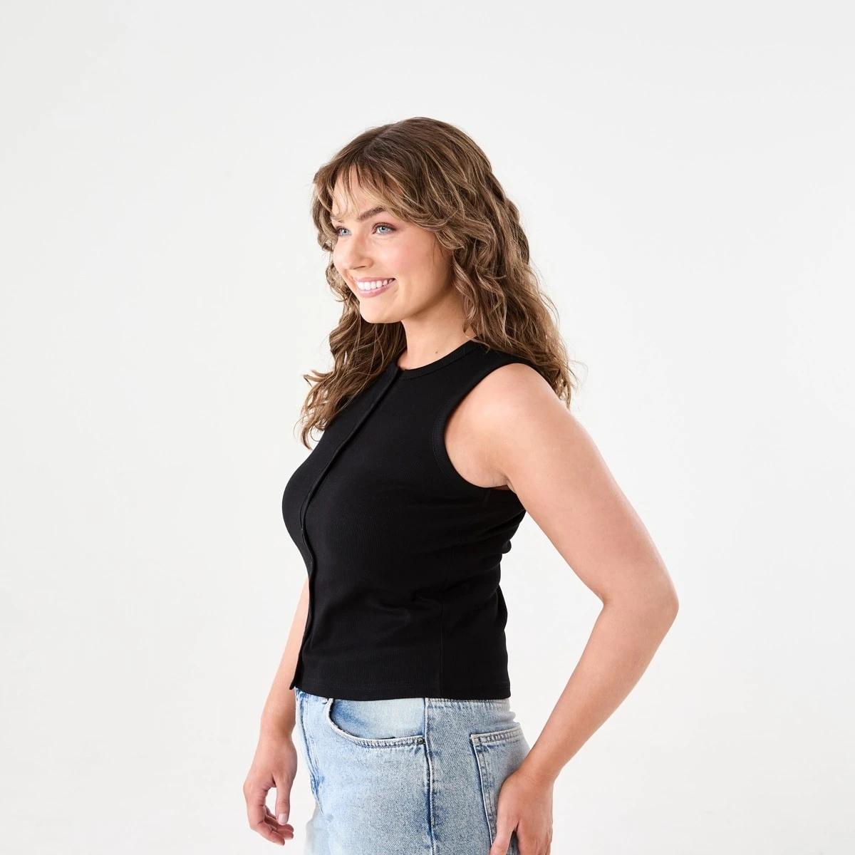 2 Sleeveless Rib Button Tank BLACK, 2 of 5