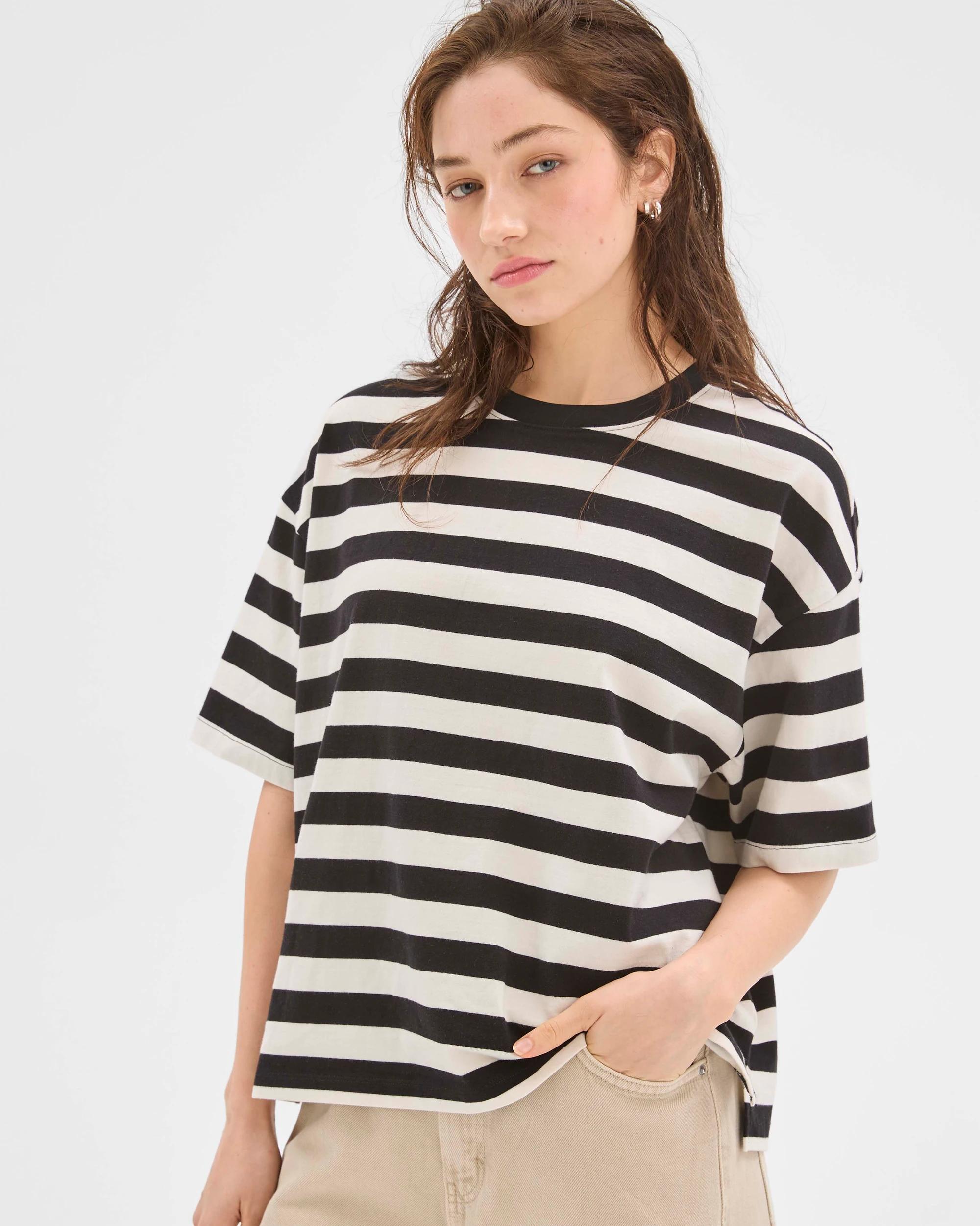 3 Lily Loves Australian Cotton Oversized Boxy Printed T-Shirt BLACK AND WHITE STRIPE, 3 of 7