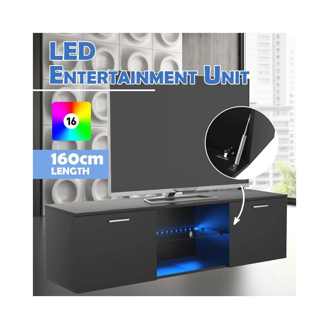 6 Advwin Tv Cabinet 160cm Led Entertainment Unit Stand Glass Shelf Black, 6 of 7