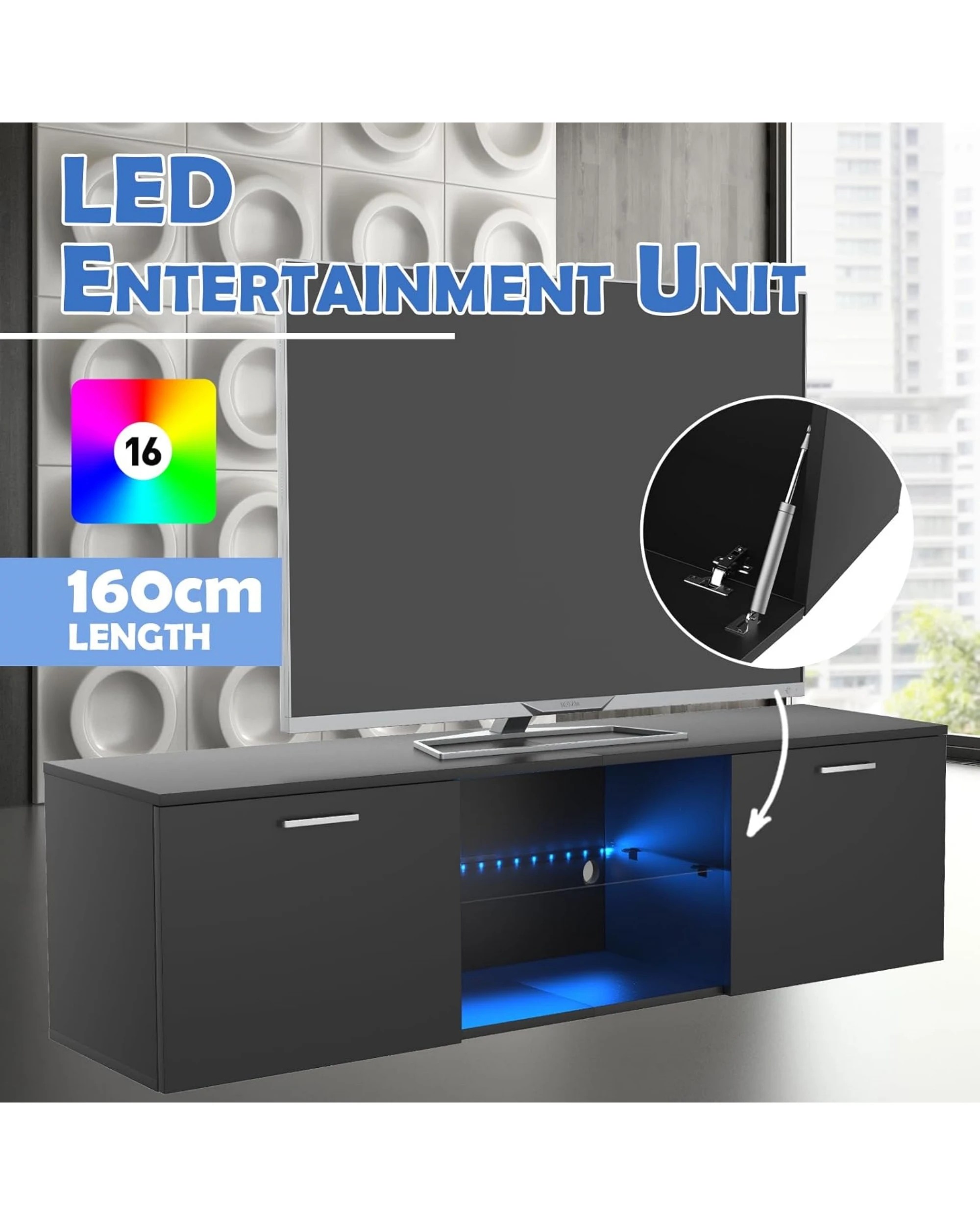 5 Advwin Tv Cabinet 160cm Led Entertainment Unit Stand Glass Shelf Black, 5 of 6