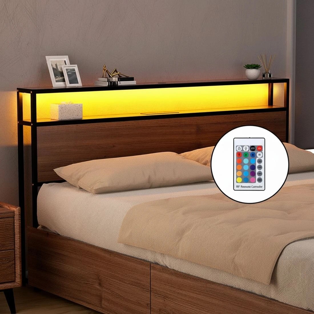 6 Artiss Metal Bed Frame Queen Size LED Storage Headboard USB Charge 4 Drawers - Black, 6 of 7