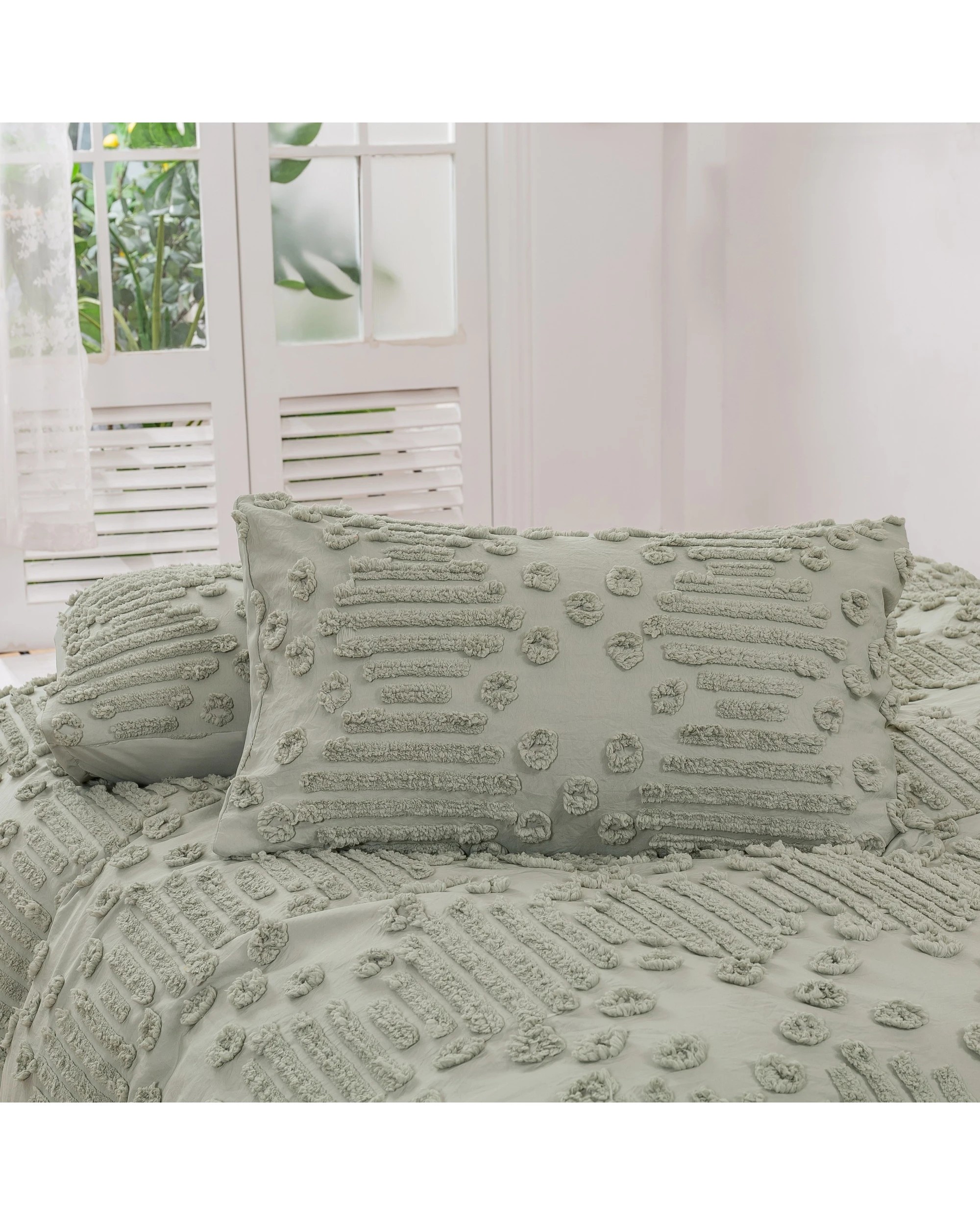 3 Dreamaker Fletcher Ultrafine Tufted Chenille Quilt Cover Set - Queen Bed - Sage, 3 of 9