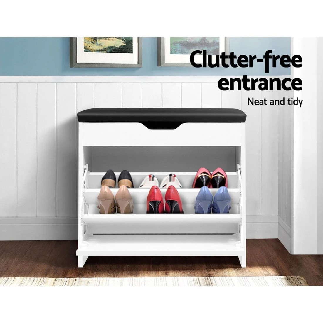 4 Artiss Shoe Rack Cabinet Bench 3-Tier 15 Pairs Entryway Storage Organizer Seat Easy Clean Sturdy Modern - White, 4 of 10