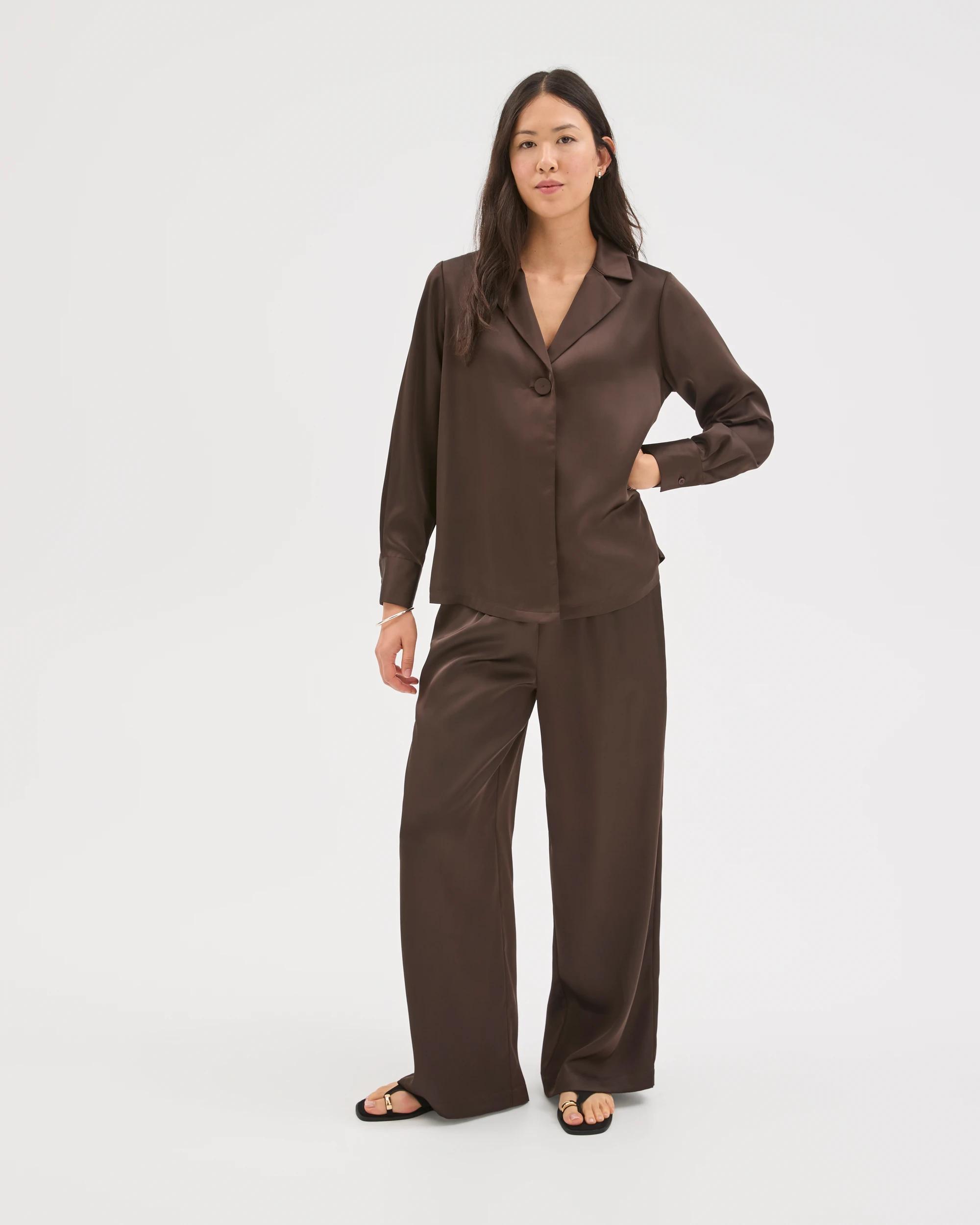 1 Preview Long Sleeve Satin Shirt COFFEE BEAN, 1 of 6