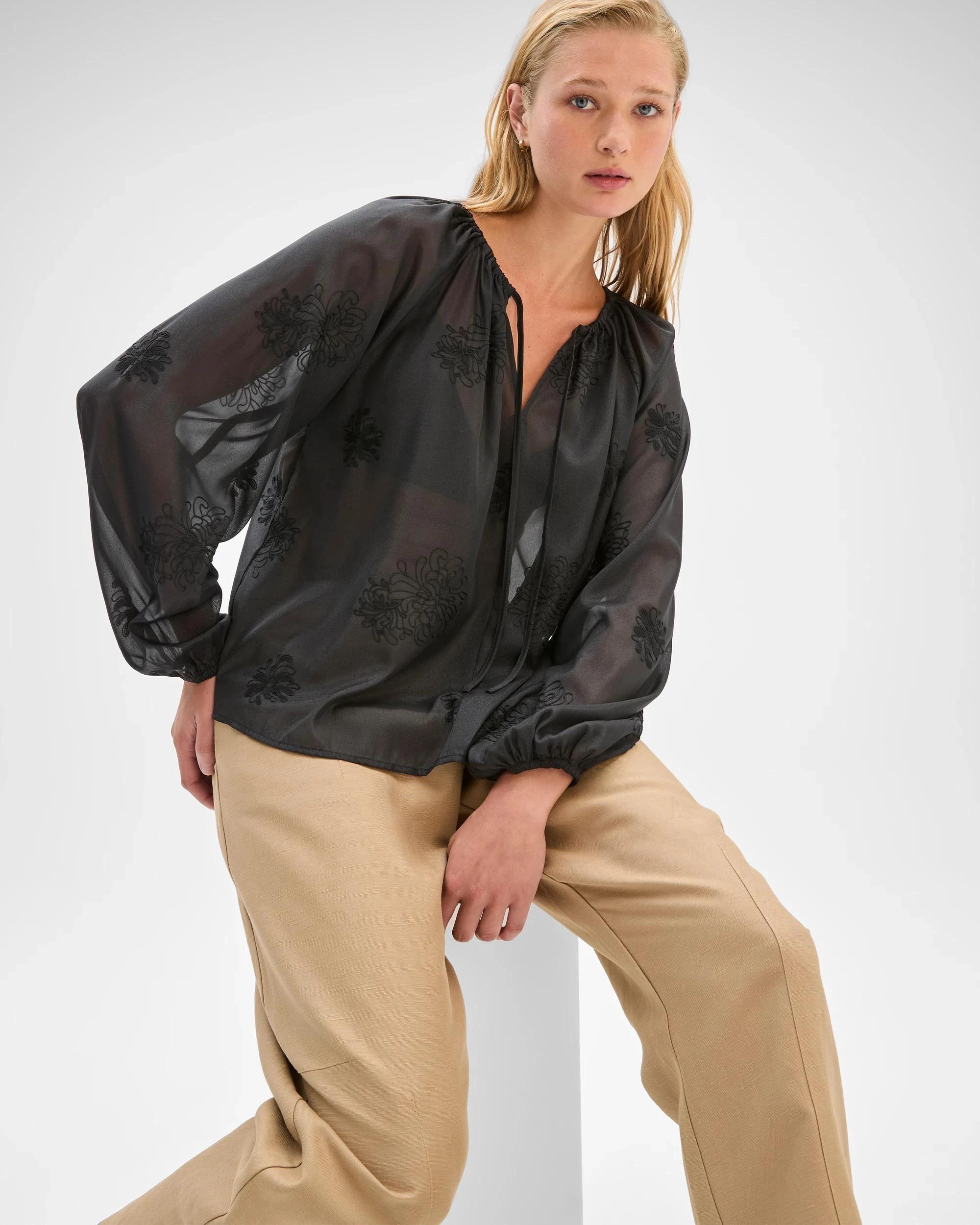 1 Preview Long Sleeve Embroidered Detail Blouse BLACK, 1 of 8