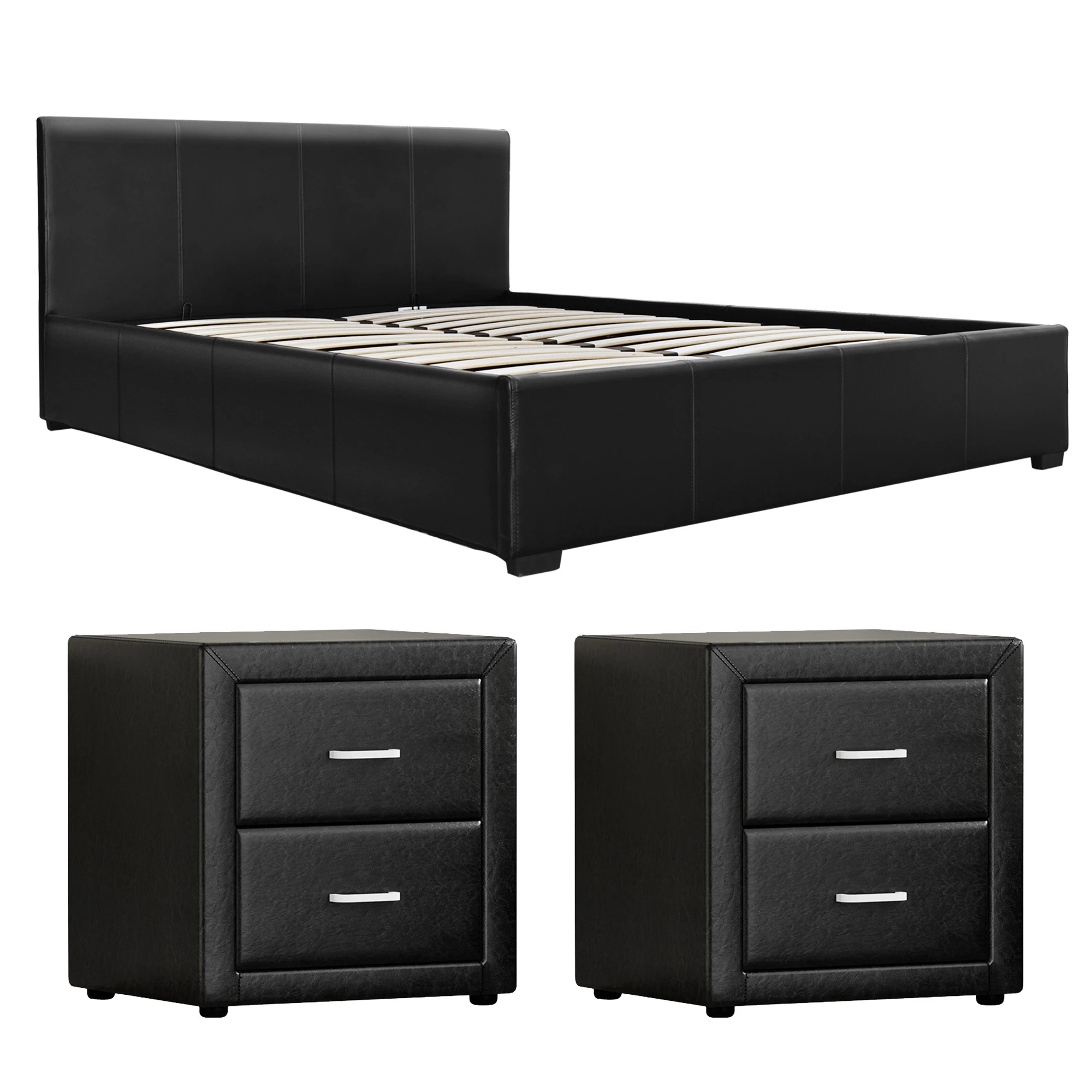 1 Artiss Gas Lift Queen Bed Frame and 2 Bedside Table Set Leather - Black, 1 of 9