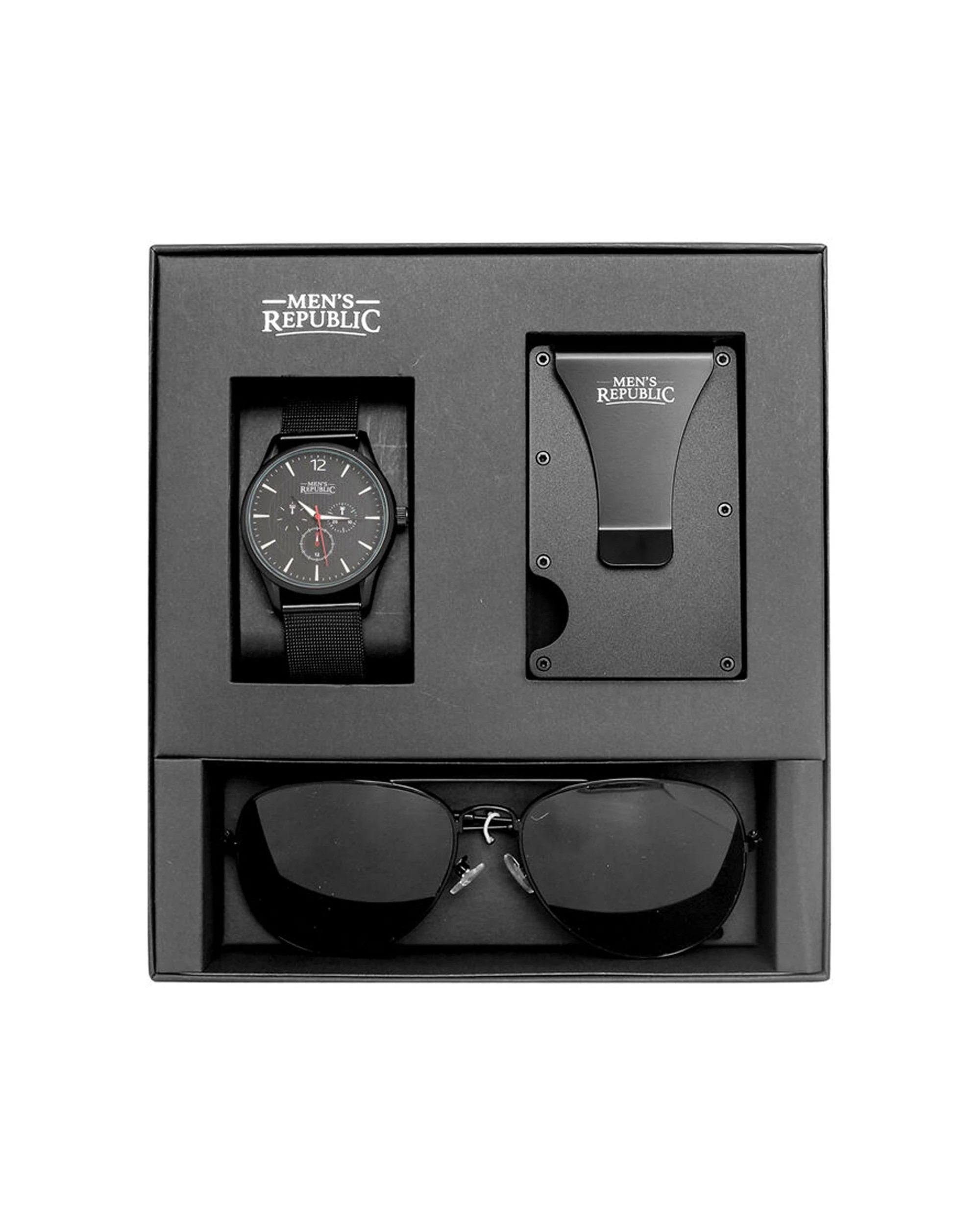 1 Mens Republic Quartz Watch Set With Card Wallet And Sunglasses - Black, 1 of 3