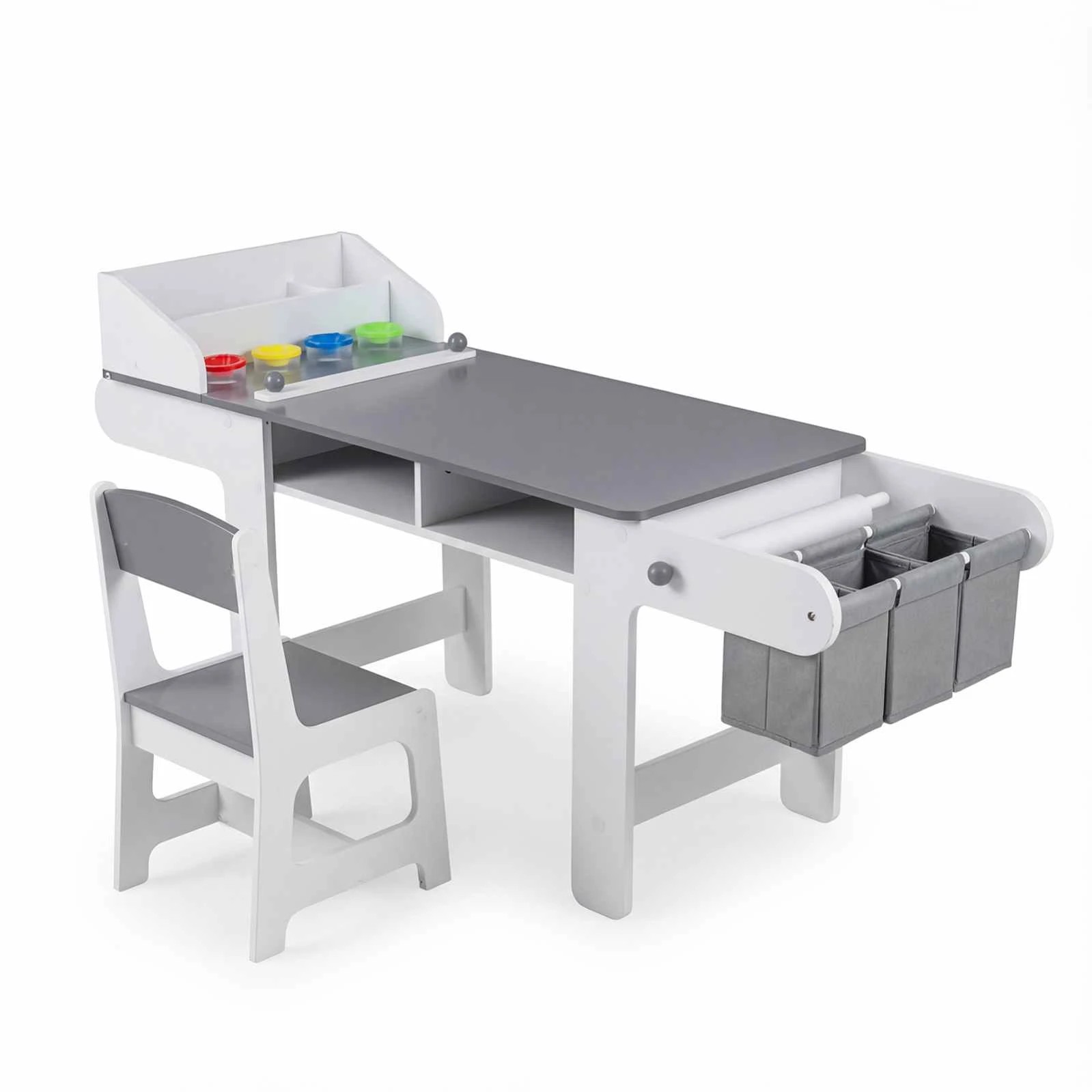 1 Costway Art Table Chair Set Craft Drawing Desk w/Paper Roll 4 Paint Cup - Grey, 1 of 2
