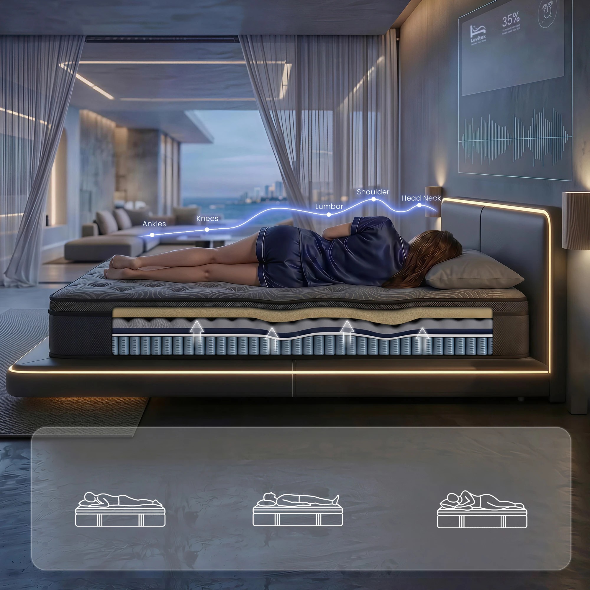 6 Levitex King Single Hybrid Mattress with 5-Zone Springs, Gel Foam, Reinforced Edge - King Single Bed - Black, 6 of 9