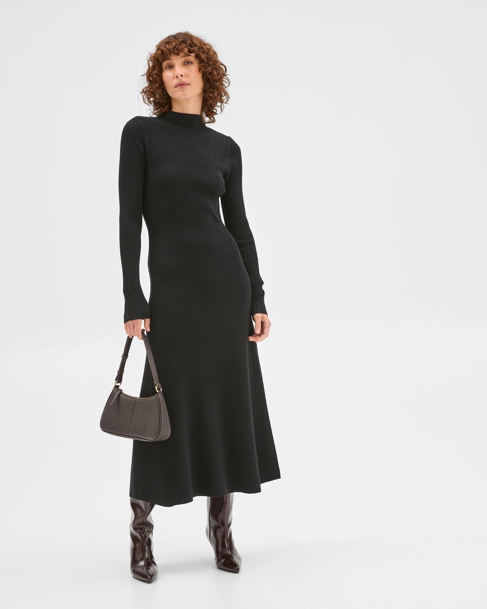 1 Preview Long Sleeve Rib Detail Knit Dress BLACK, 1 of 6