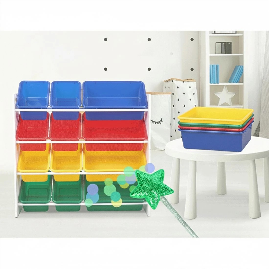 5 Keezi Kids Toy Box 12 Bins Bookshelf Organiser Children Storage Rack - White, 5 of 7