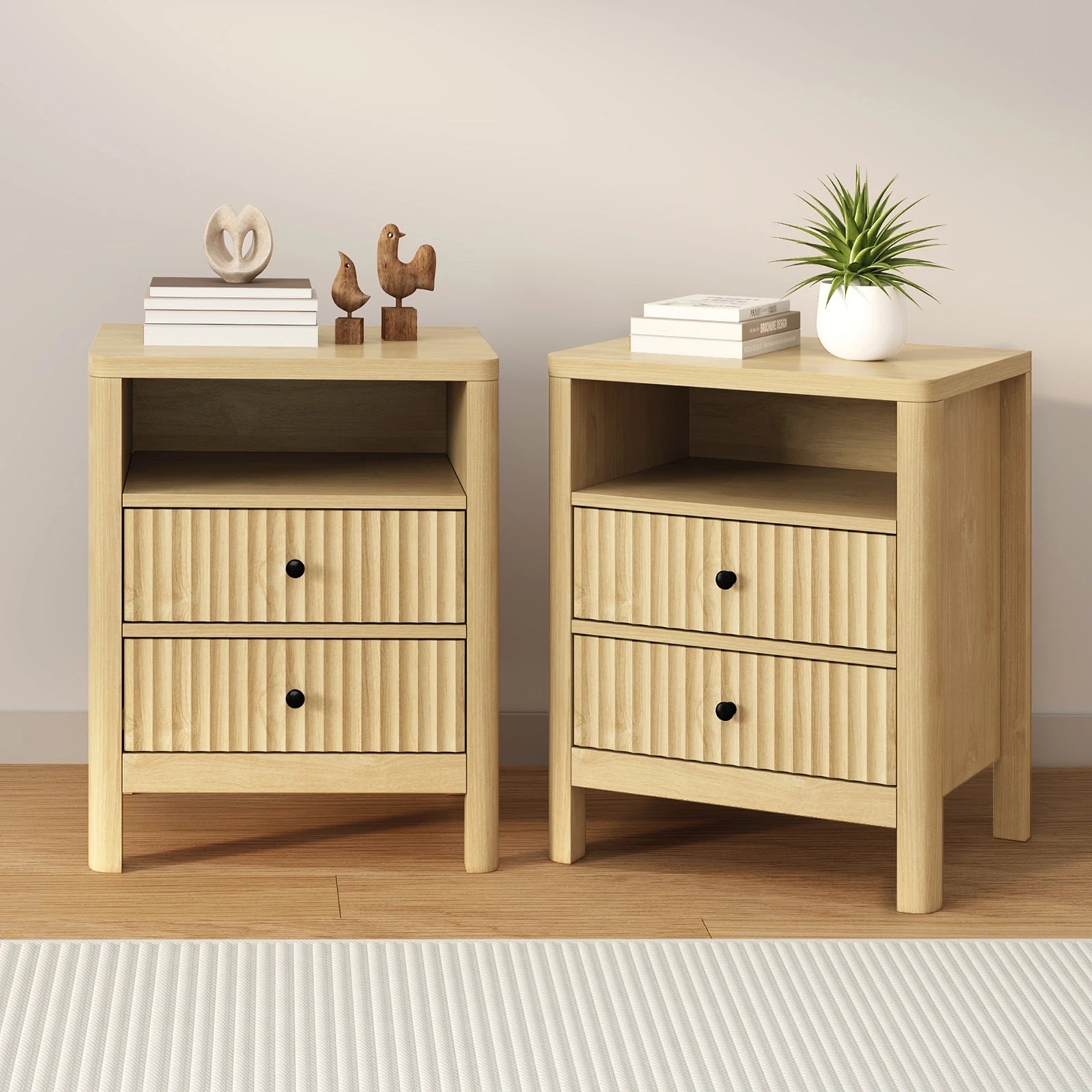 3 Oikiture 2x Bedside Table 2 Drawers Side End Table Nightstand Open Shelf - Natural, 3 of 9