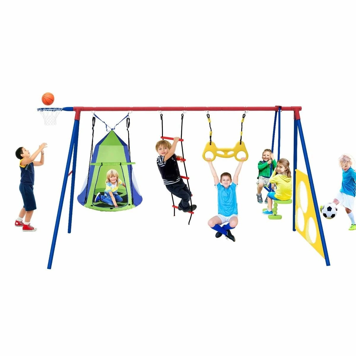 2 AUSWAY Kids Swing Set Seesaw Basketball Hoop, 2 of 4