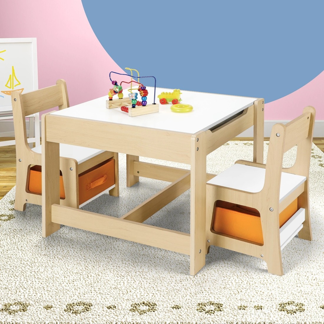 2 Oikiture Kids Table And Chairs Set Activity Play Study Desk Toys Storage Box
 - Natural, 2 of 10