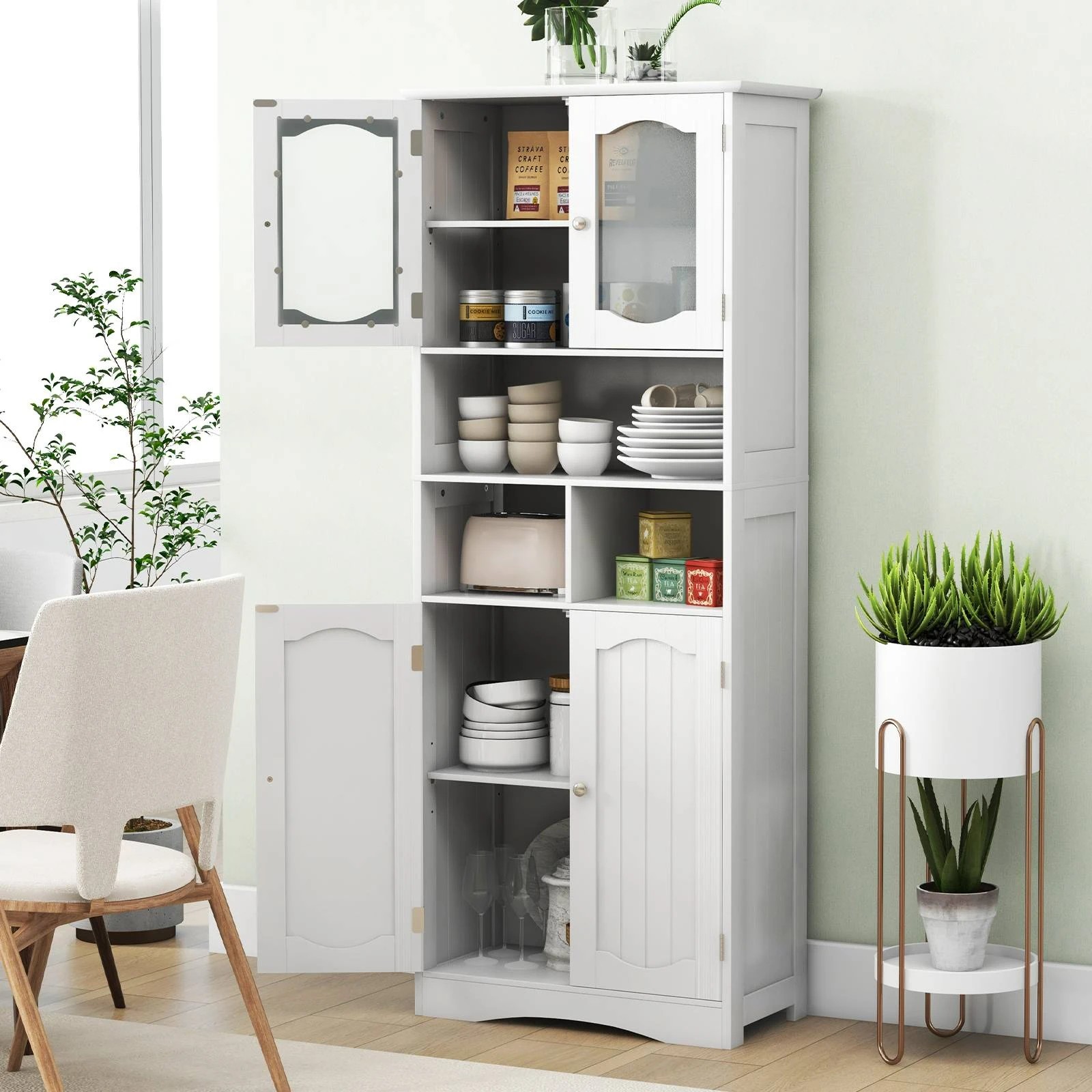 3 Costway 150cm Tall Bathroom Cabinet Freestanding Storage Cabinet w/Tempered Glass Doors, 3 of 4