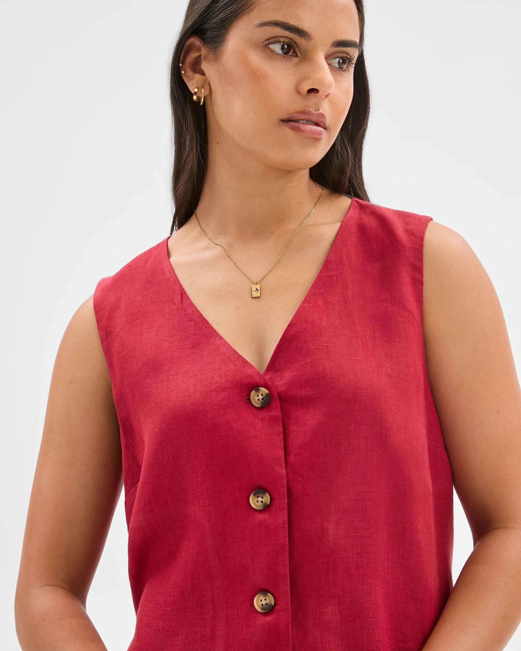 3 Target Woman European Linen Button Front Mini Dress GARNET, 3 of 7