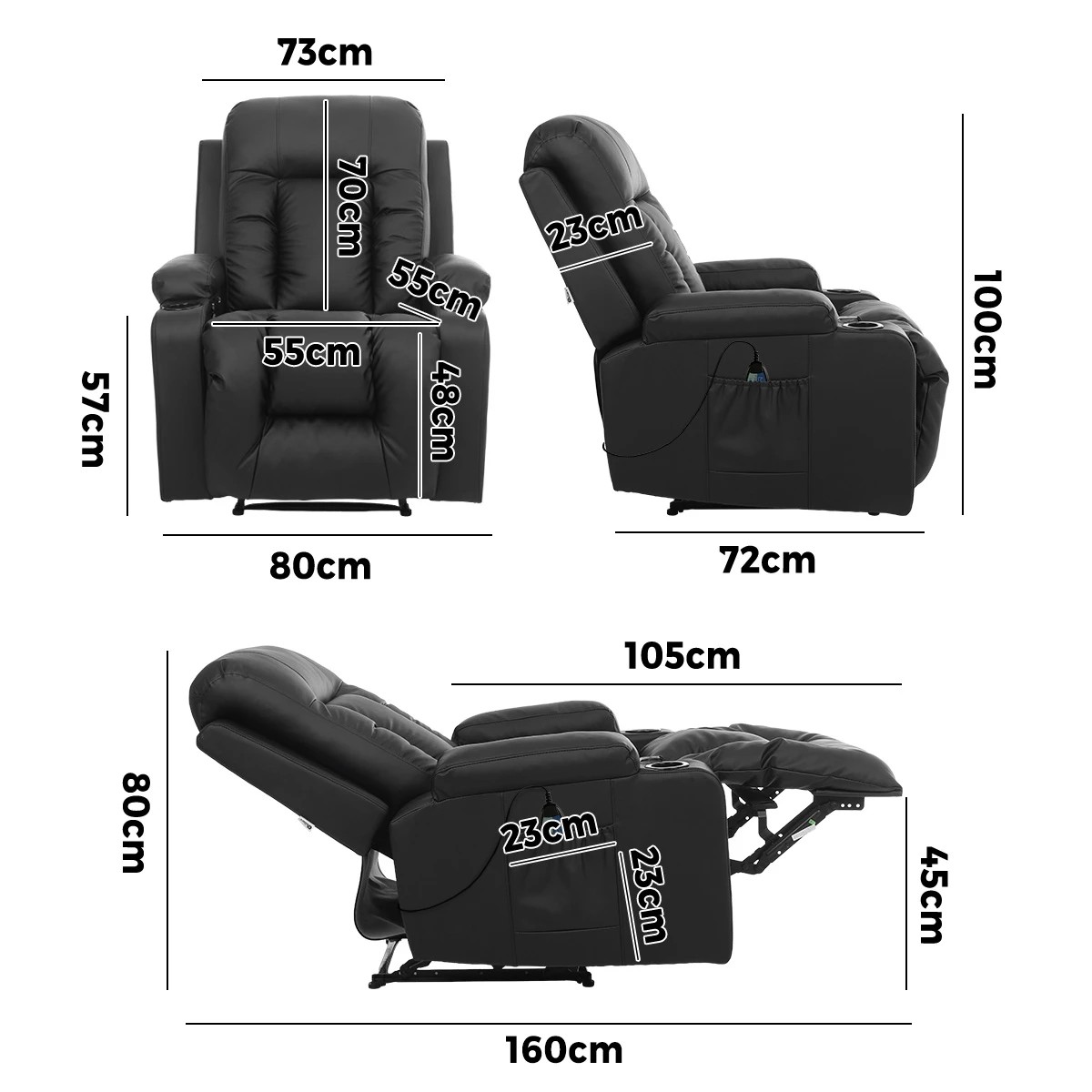 2 Oikiture Recliner Chair Heated Massage Armchair PU Leather - Black, 2 of 7