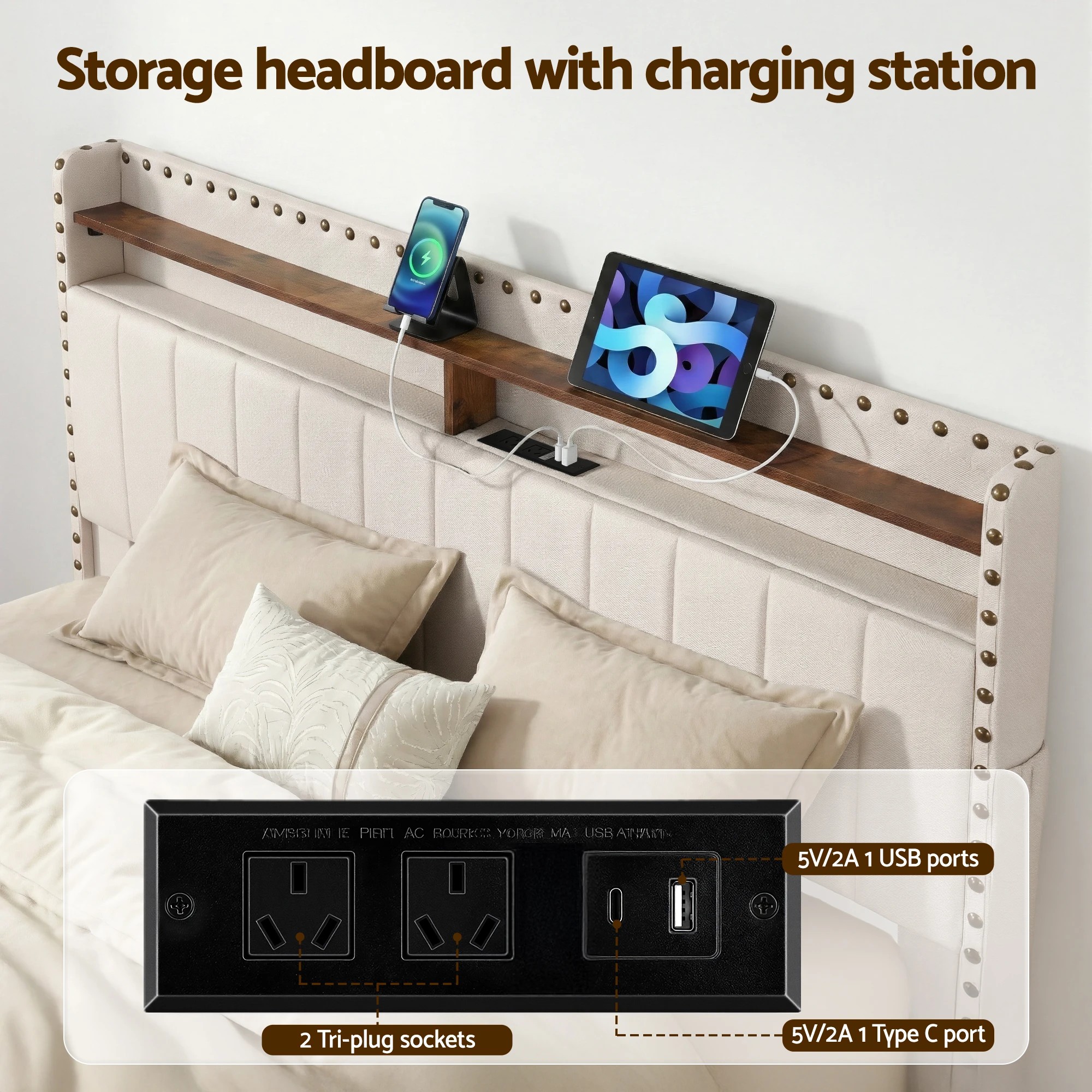3 Artiss Queen Bed Frame with Shelf Storage Drawers Charging Station Mood Lighting - Beige, 3 of 6