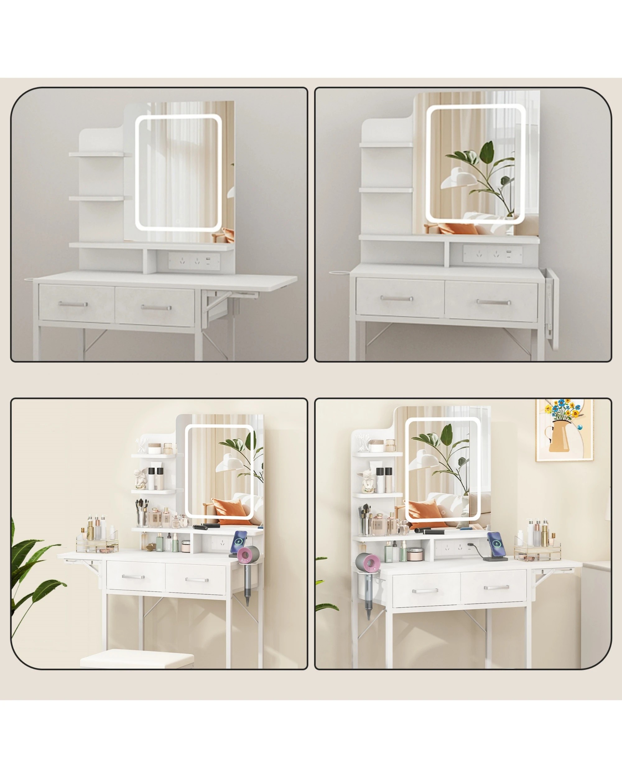 4 Advwin Dressing Table Set LED Light Charging Station Glass Cabinet Tabletop - White, 4 of 8