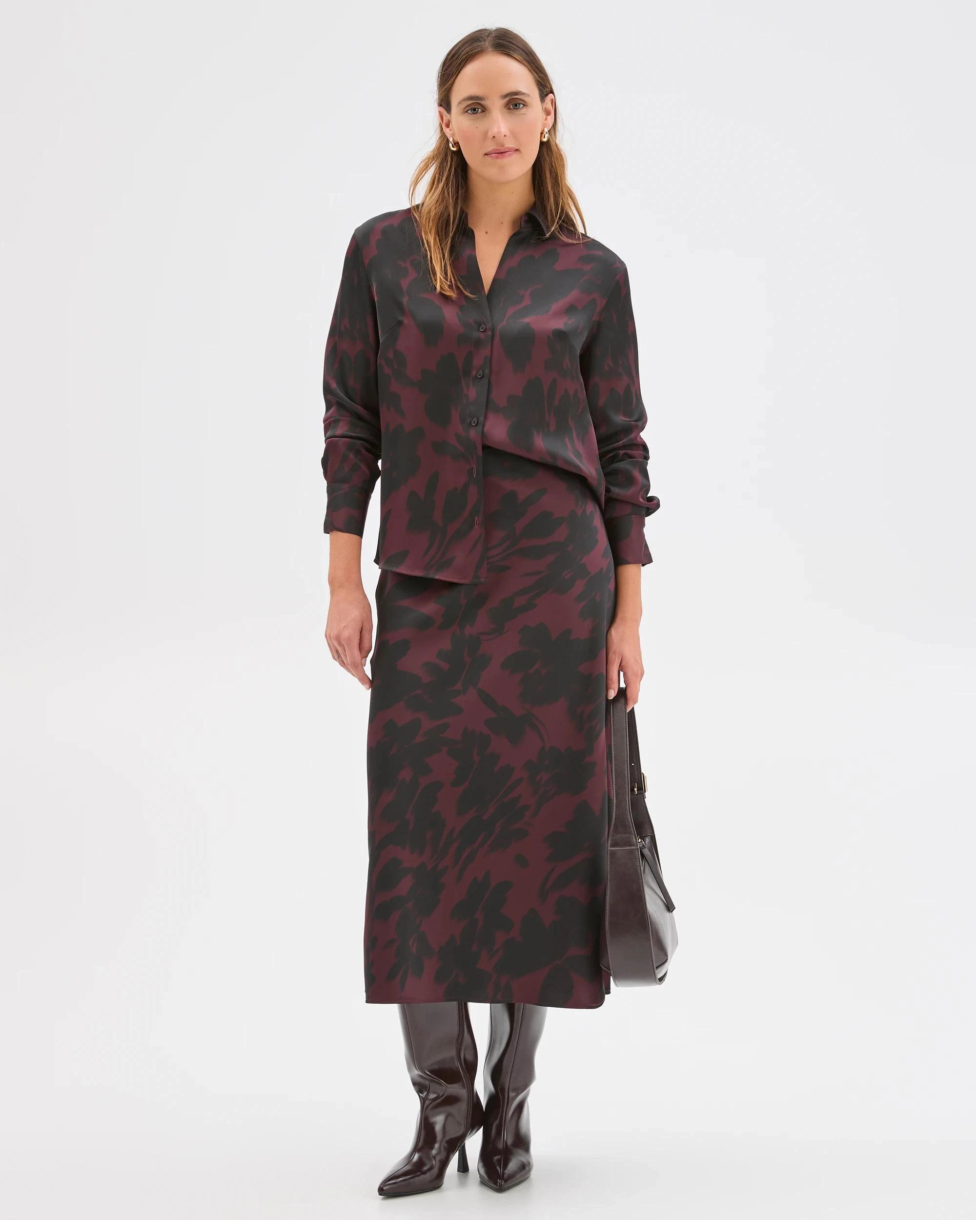 1 Preview Satin Long Sleeve Button Up Shirt FLORAL BLUR, 1 of 7