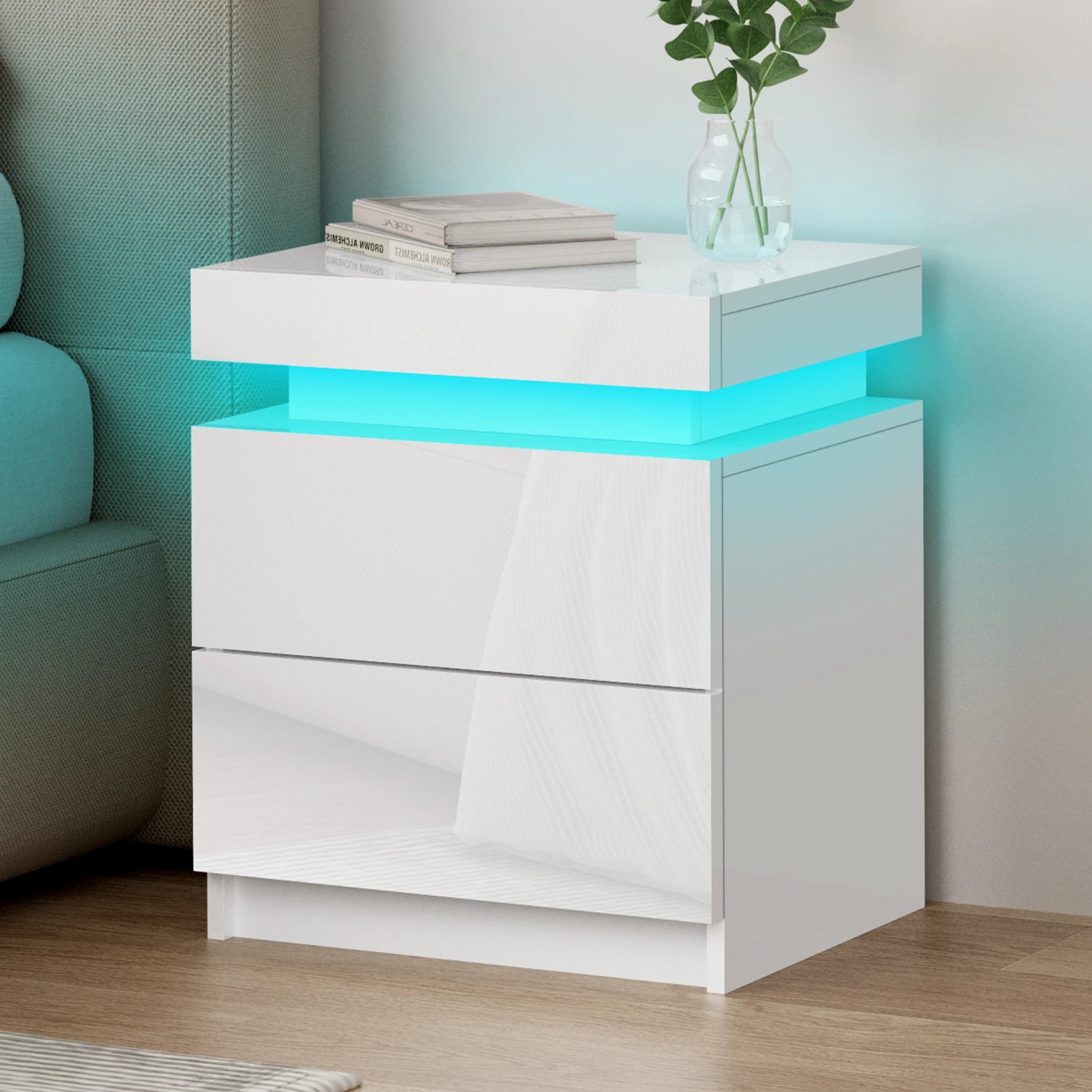 1 Alfordson Bedside Table RGB LED Nightstand 2 Drawers 4 Side High Gloss - White, 1 of 10