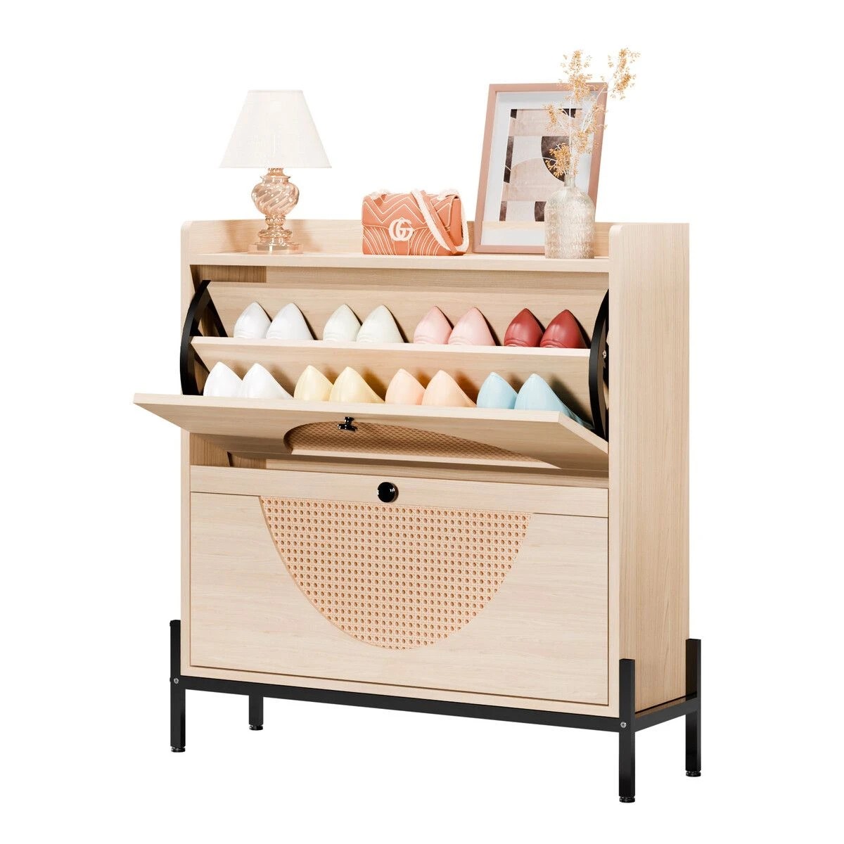 5 LUXSUITE Oak Shoe Rack Cabinet Rattan Drawers Wooden Storage Cupboard Slim Narrow Footwear Organiser Shelf Metal Legs, 5 of 6